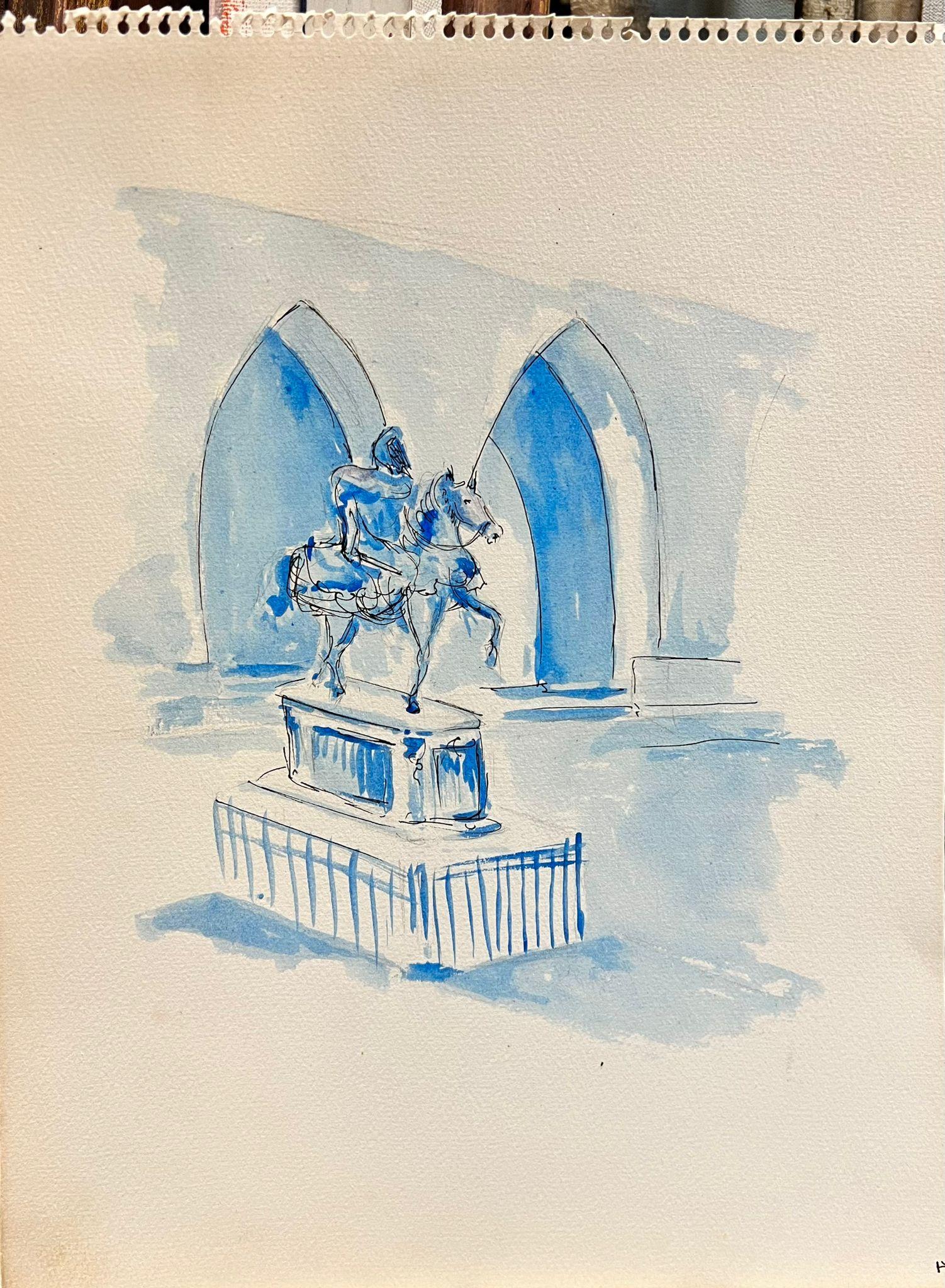 Peinture moderniste et cubiste des années 1950 - aquarelle bleue - Statue de cheval et de cheval - Art de Bernard Labbe