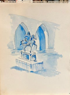 1950's Modernist/ Cubist Painting - Blue Watercolor Knight and Horse Statue