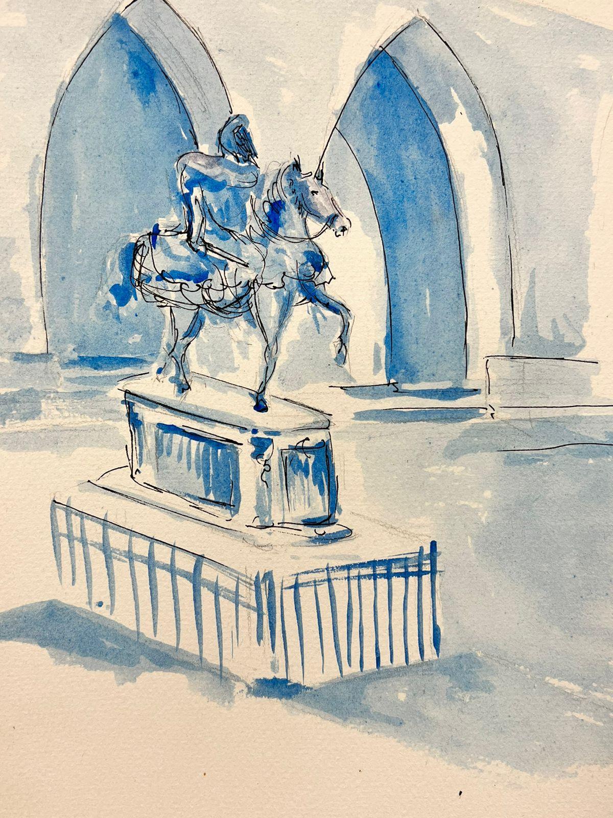 Peinture moderniste et cubiste des années 1950 - aquarelle bleue - Statue de cheval et de cheval - Moderne Art par Bernard Labbe