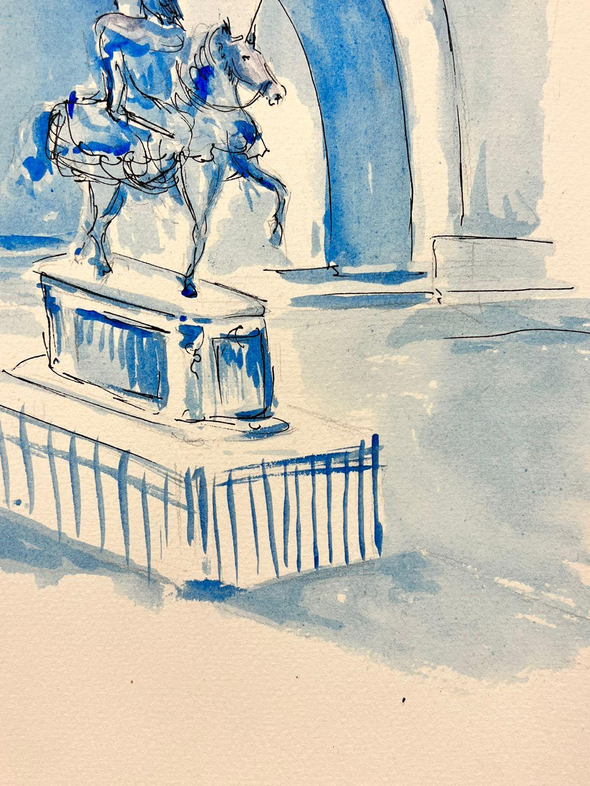 Peinture moderniste et cubiste des années 1950 - aquarelle bleue - Statue de cheval et de cheval en vente 1
