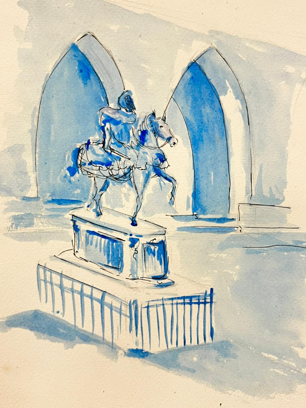 Bernard Labbe Figurative Art - 1950's Modernist/ Cubist Painting - Blue Watercolor Knight and Horse Statue