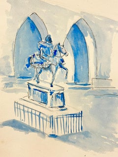 1950's Modernist/ Cubist Painting - Blue Watercolor Knight and Horse Statue