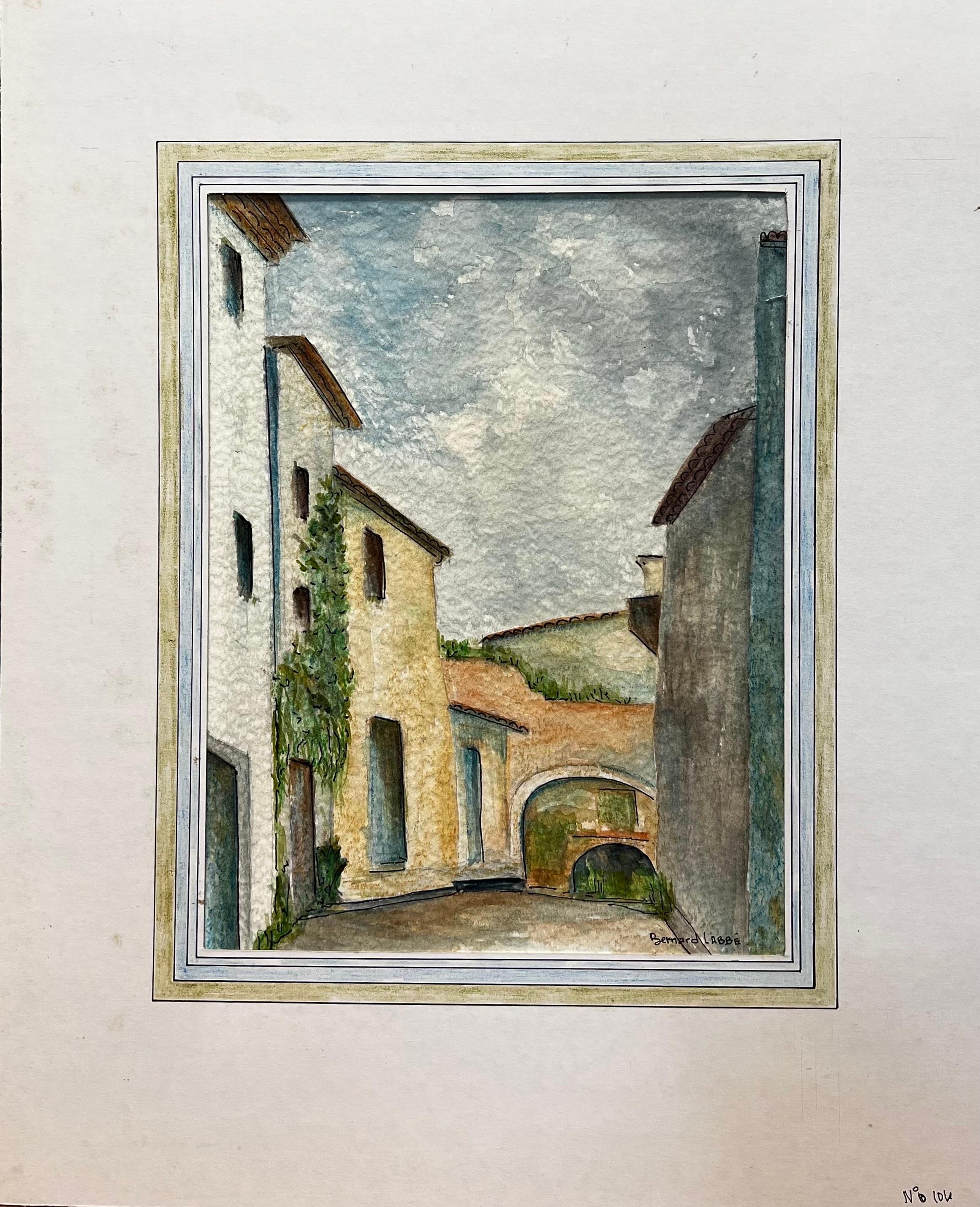 Pintura modernista/cubista de los años 50 - Paisaje francés azul y verde - Painting de Bernard Labbe