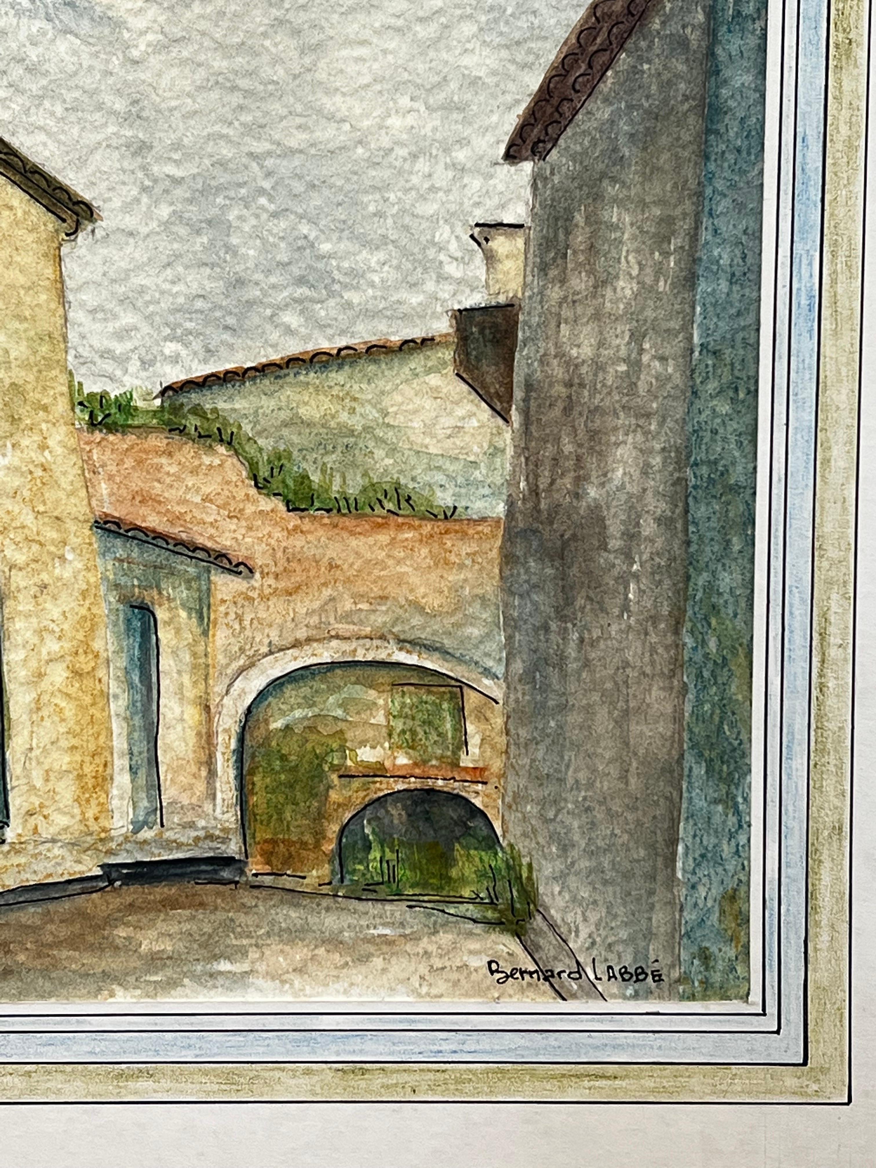 Pintura modernista/cubista de los años 50 - Paisaje francés azul y verde - Painting Moderno de Bernard Labbe