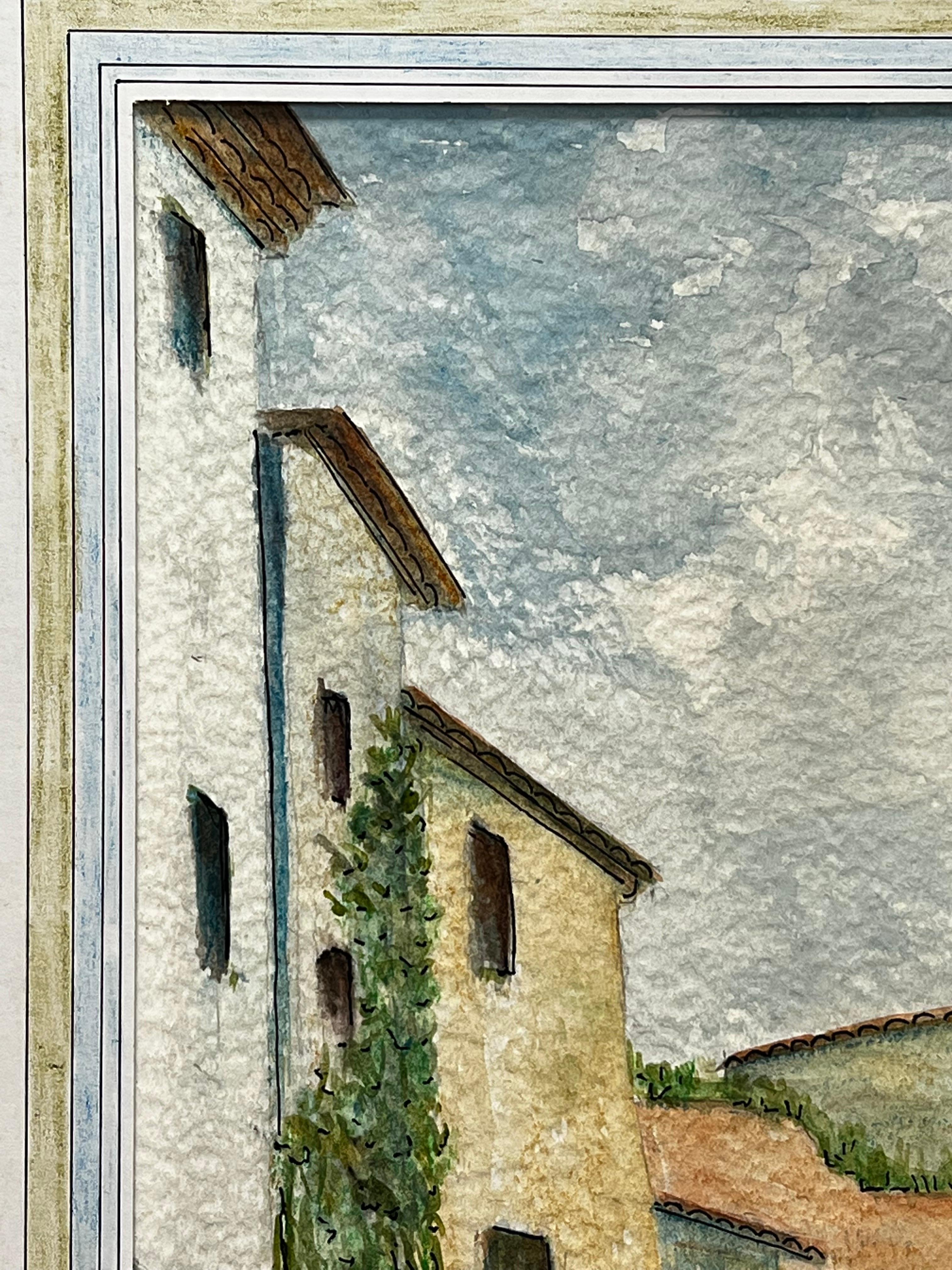 Pintura modernista/cubista de los años 50 - Paisaje francés azul y verde - Landscape Painting Gris de Bernard Labbe