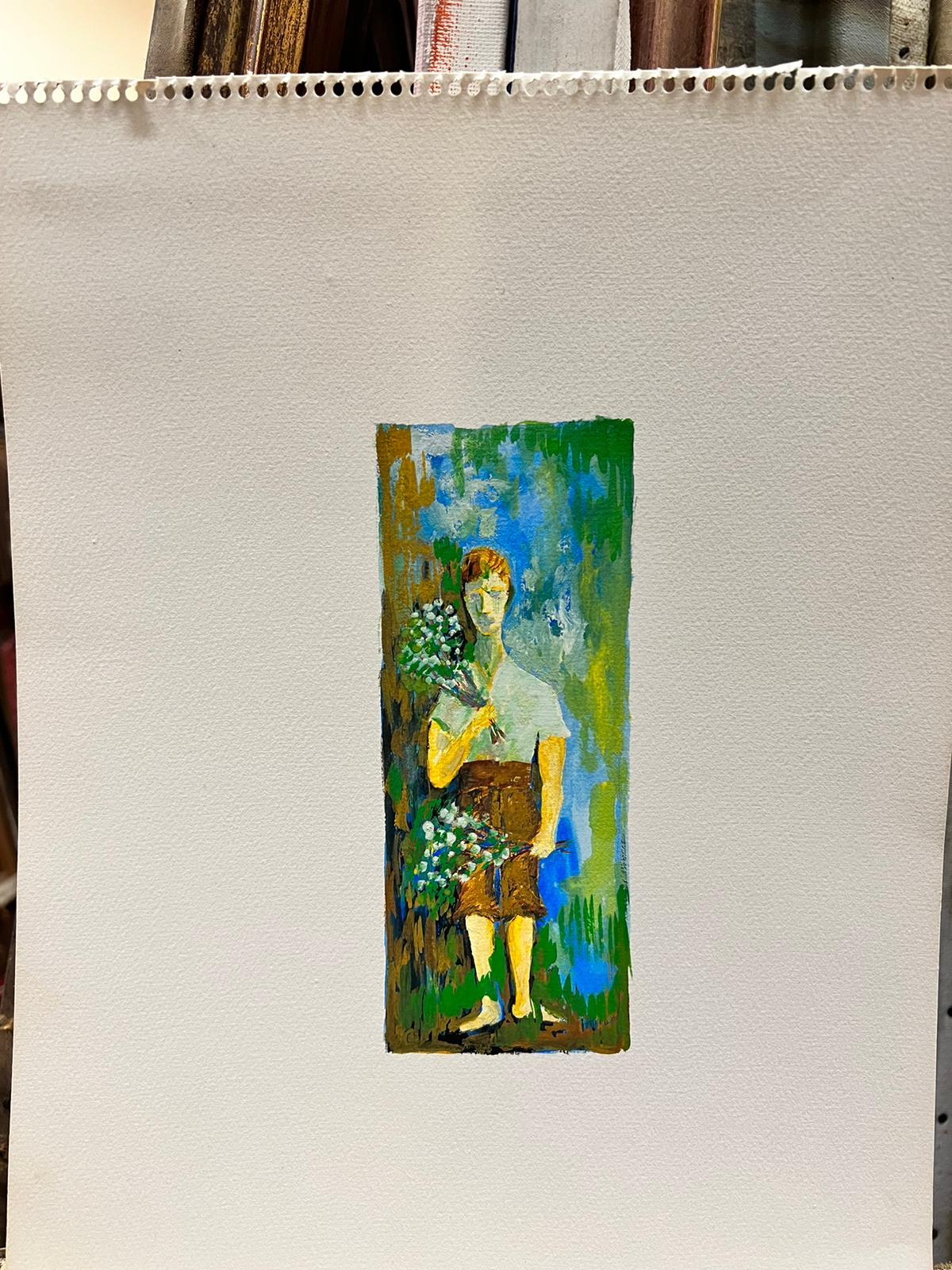 Pittura modernista/cubista degli anni '50 - Ragazzo con fiori - Painting Moderno di Bernard Labbe