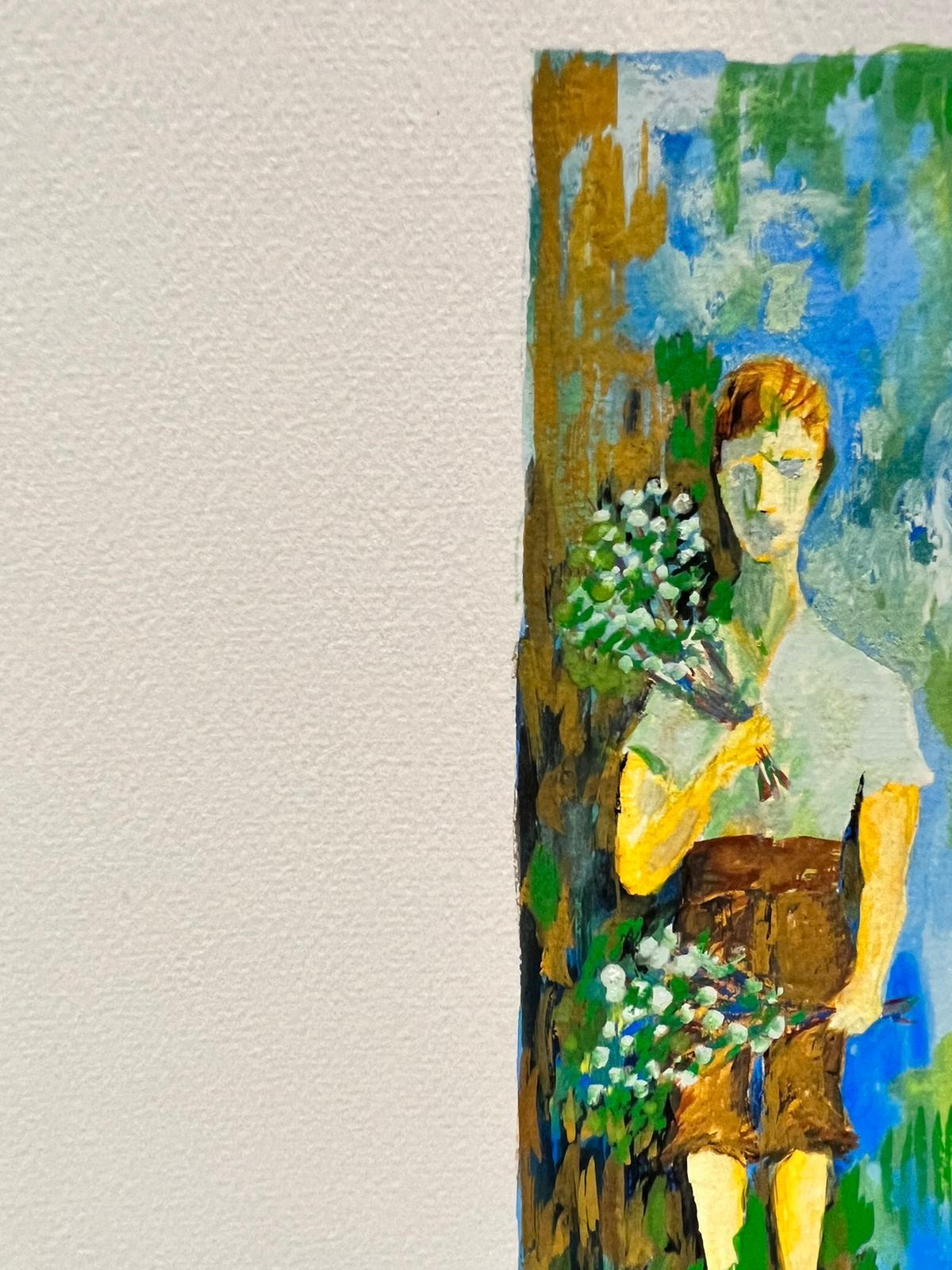Pittura modernista/cubista degli anni '50 - Ragazzo con fiori - Figurative Painting Beige di Bernard Labbe