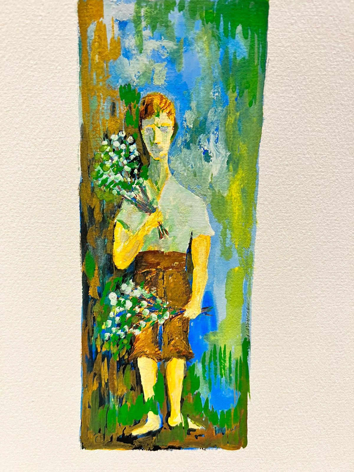 1950's Modernist/ Cubist Painting - Boy With Flowers For Sale 2