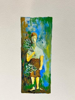 Peinture moderniste/ cubiste des annes 1950 - garon avec fleurs