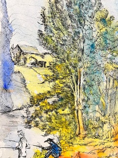 Pittura modernista/cubista degli anni '50  Paesaggio di pesca arcobaleno luminoso e colorato