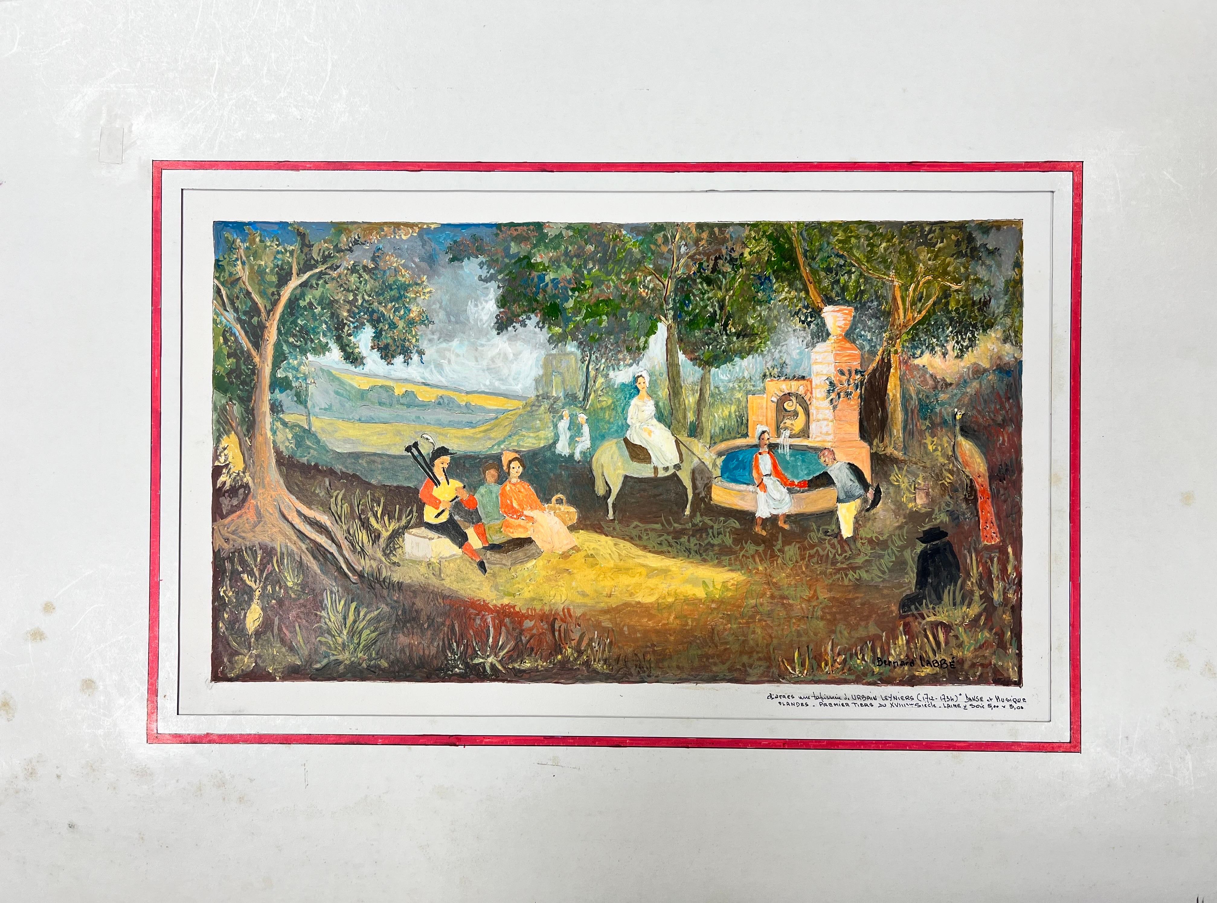 Pintura modernista/cubista de los años 50 - Figuras ocupadas en el bosque - Painting de Bernard Labbe