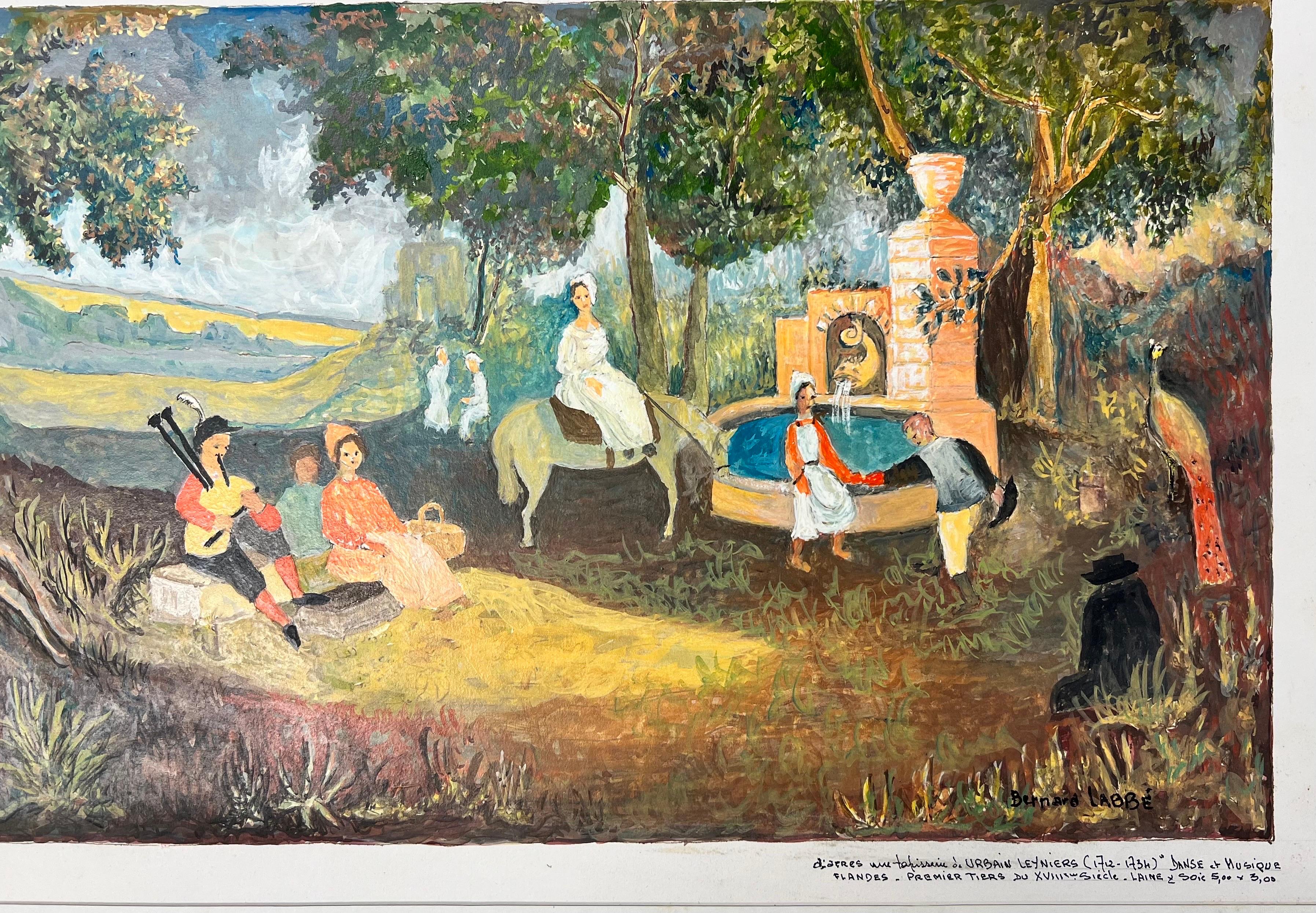 Peinture moderniste/ cubiste des années 1950 - Figures animées dans la forêt - Moderne Painting par Bernard Labbe