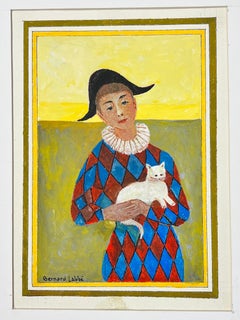 Modernistisches/ kubistisches Gemälde der 1950er Jahre – Zirkus Joker, der einen weißen Kitten hält
