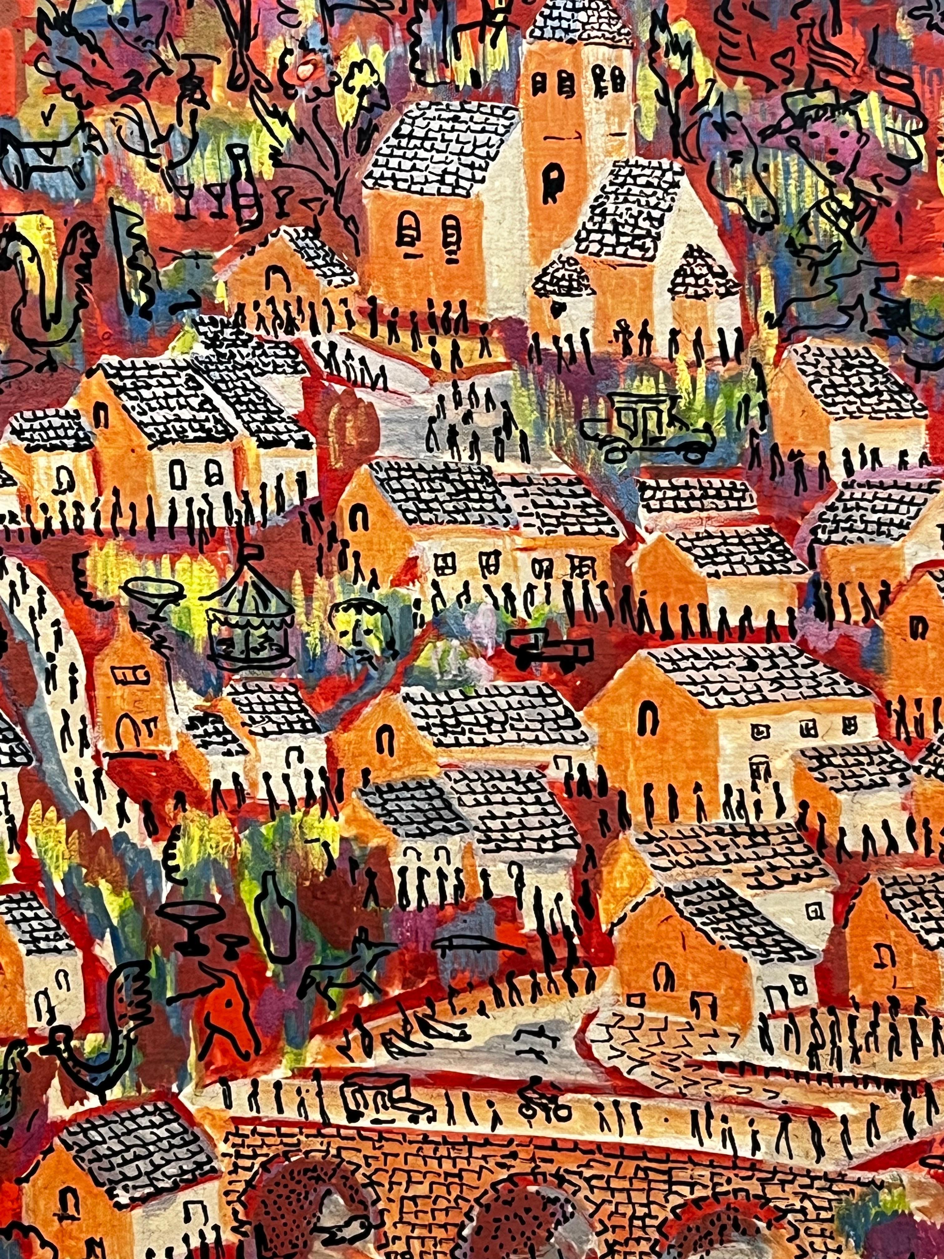 Pittura modernista/cubista degli anni '50 - Città colorata e stravagante - Art Moderno di Bernard Labbe