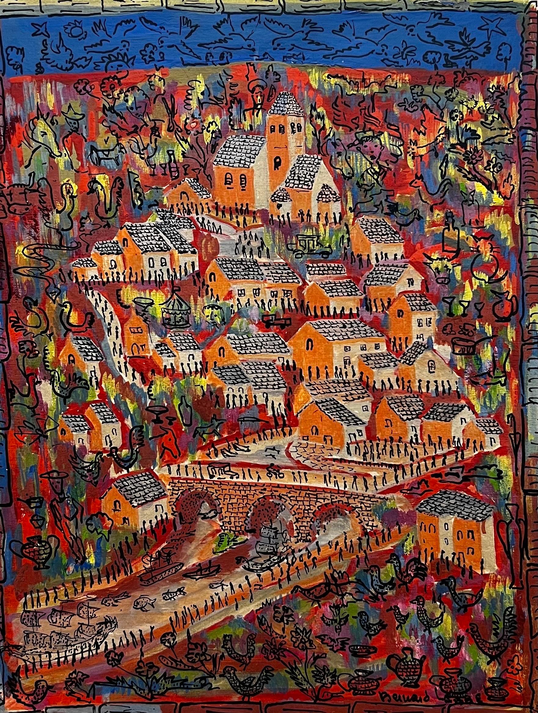 Bernard Labbe Figurative Art - 1950's Modernist/ Cubist Painting - Colourful and Wacky Busy Town