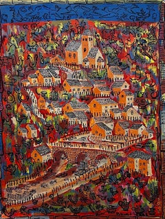 1950's Modernist/ Cubist Painting - Colourful and Wacky Busy Town