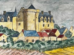 Peinture moderniste/ cubiste des années 1950 - Paysage de château coloré
