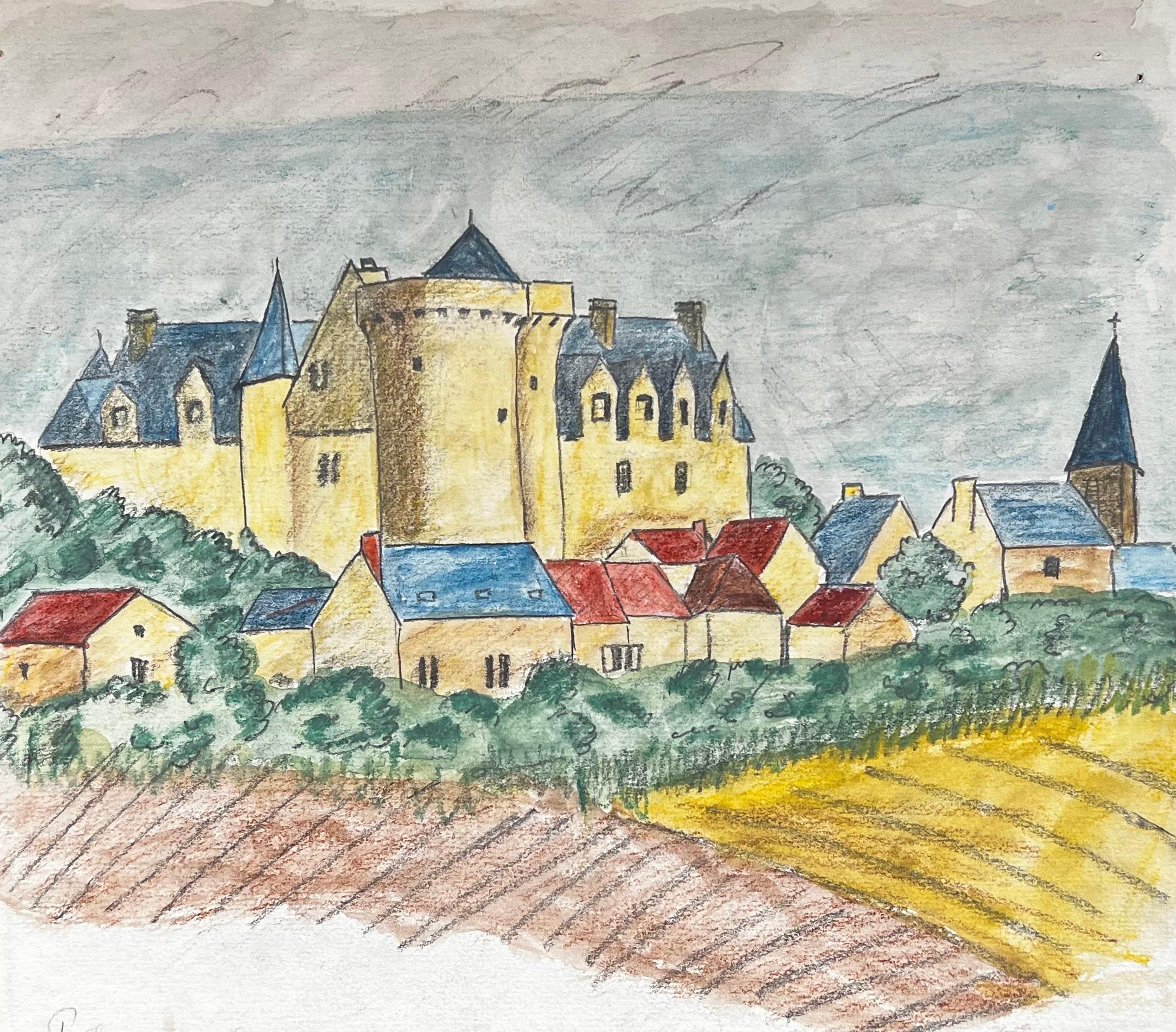 Landscape Painting de Bernard Labbe - Pintura modernista/cubista de los años 50 - Paisaje colorido de un castillo