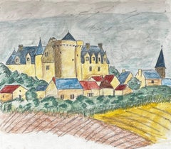 1950's Modernist/ Cubist Painting - Colourful Castle Landscape