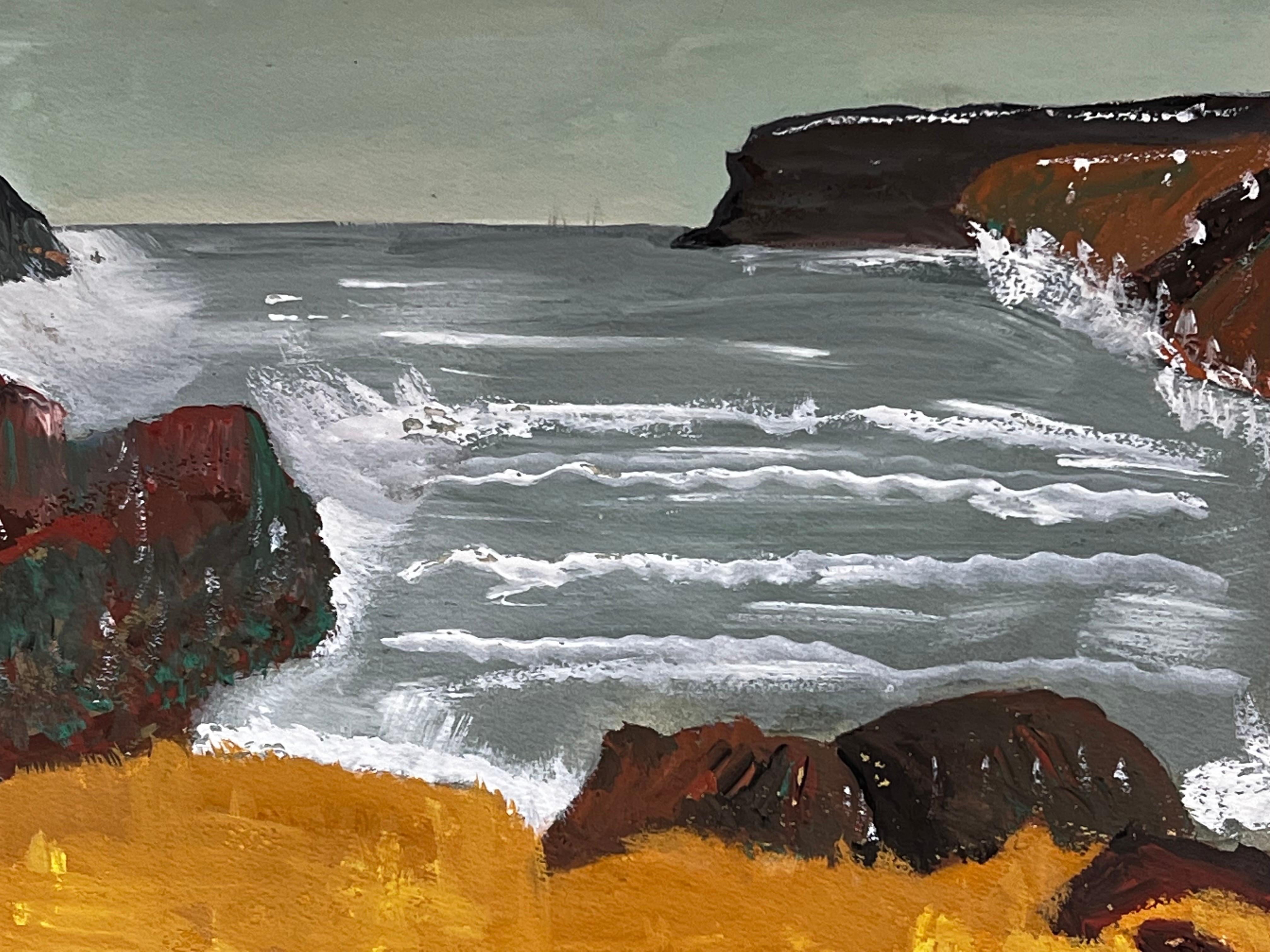 Pintura modernista/cubista de los años 50 - Paisaje con olas rompiendo - Art de Bernard Labbe