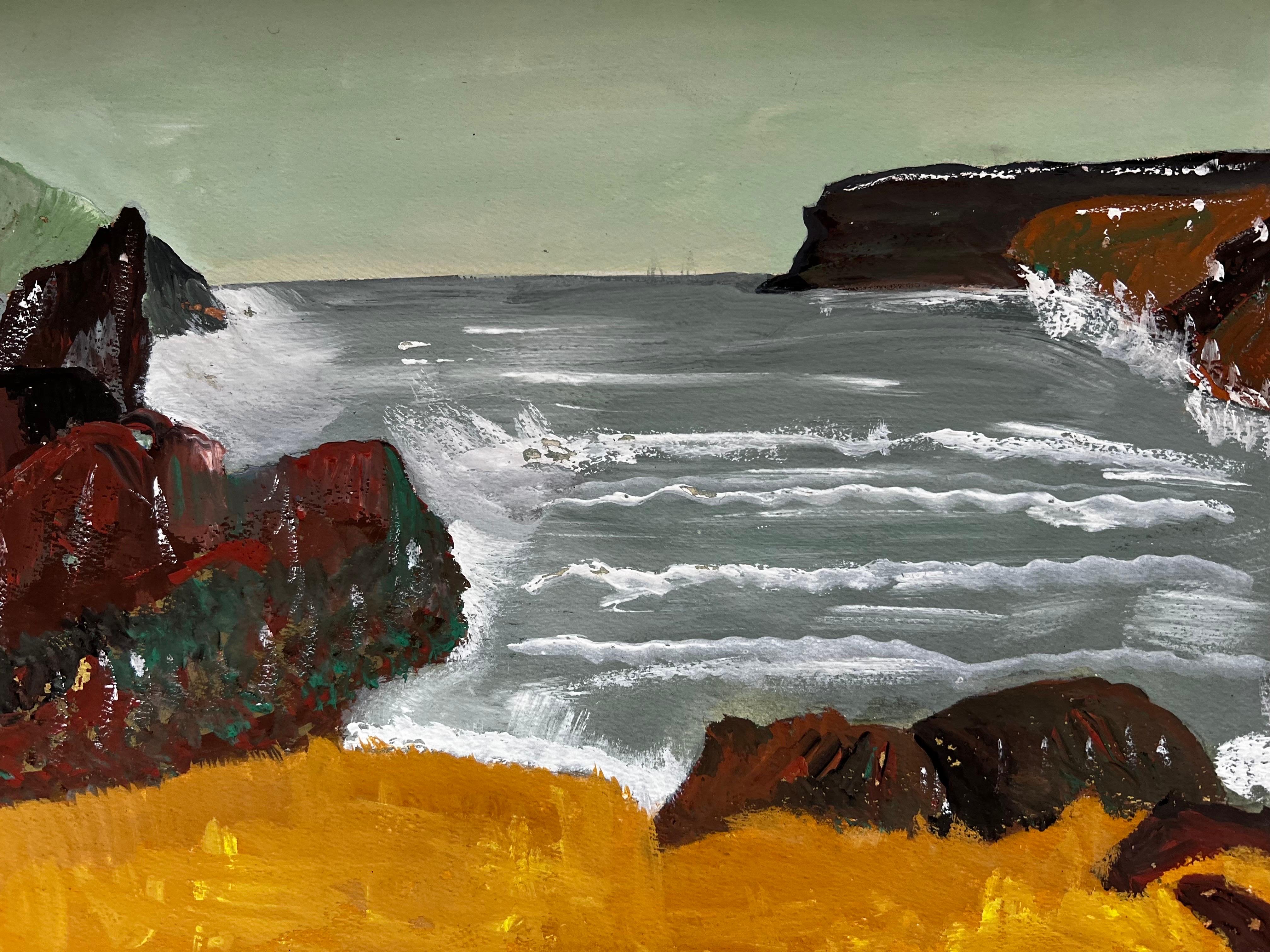 Pintura modernista/cubista de los años 50 - Paisaje con olas rompiendo - Art Moderno de Bernard Labbe