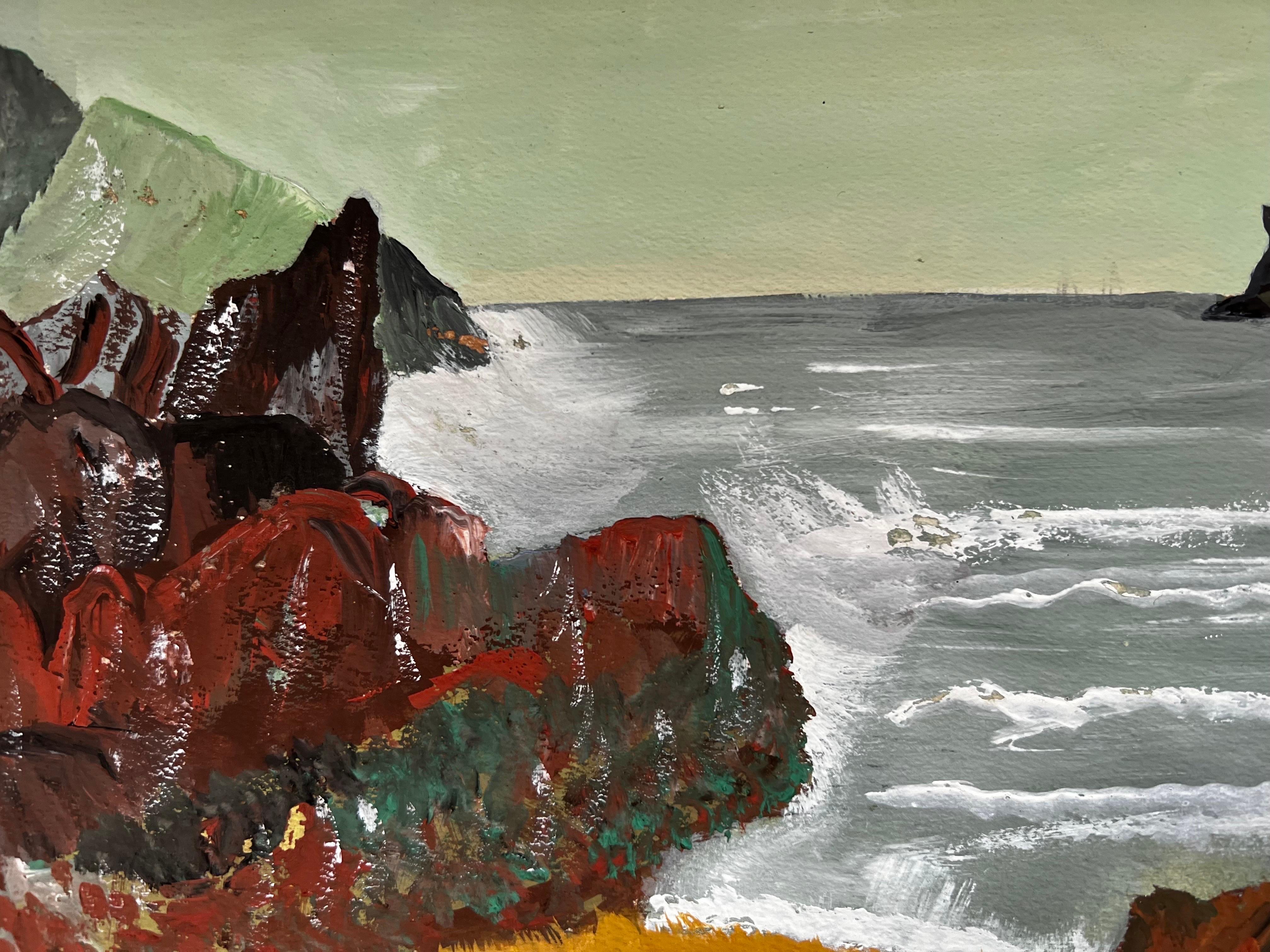 1950's Modernist/ Cubist Painting - Crashing Wave Landscape - Beige Figurative Art by Bernard Labbe