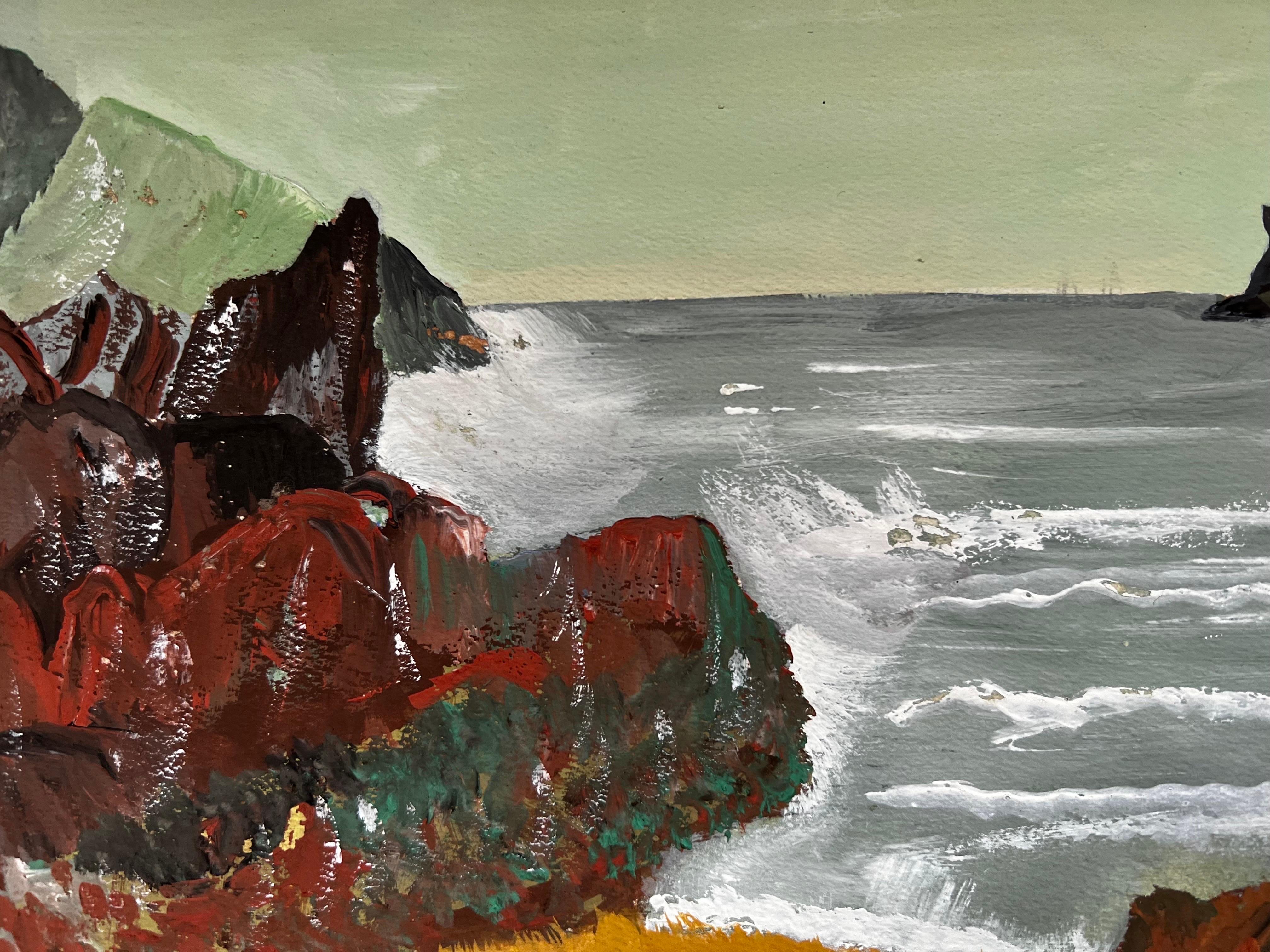 Pintura modernista/cubista de los años 50 - Paisaje con olas rompiendo - Figurative Art Beige de Bernard Labbe