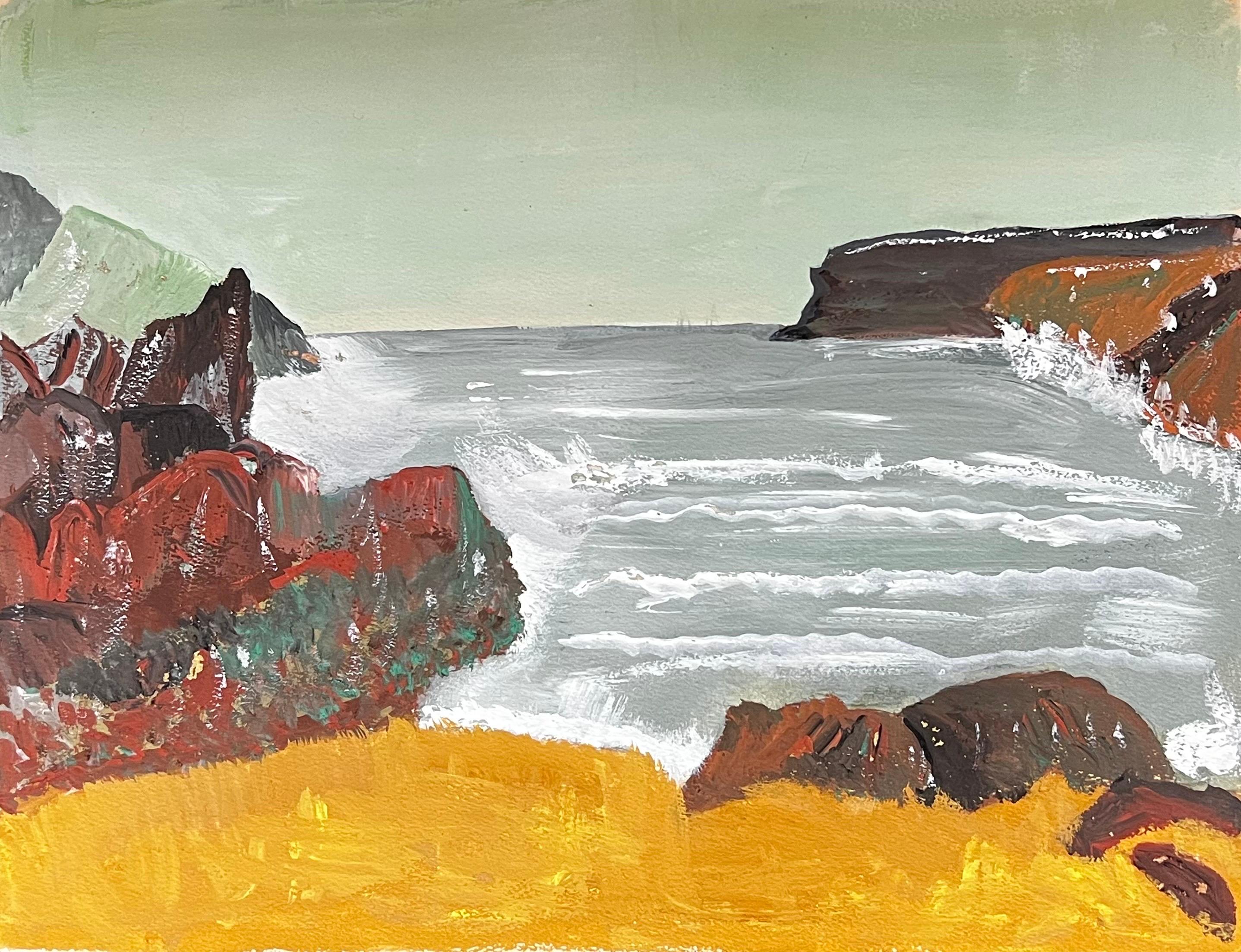 Modernistisches/kubistisches Gemälde der 1950er Jahre - Landschaft mit krachenden Wellen