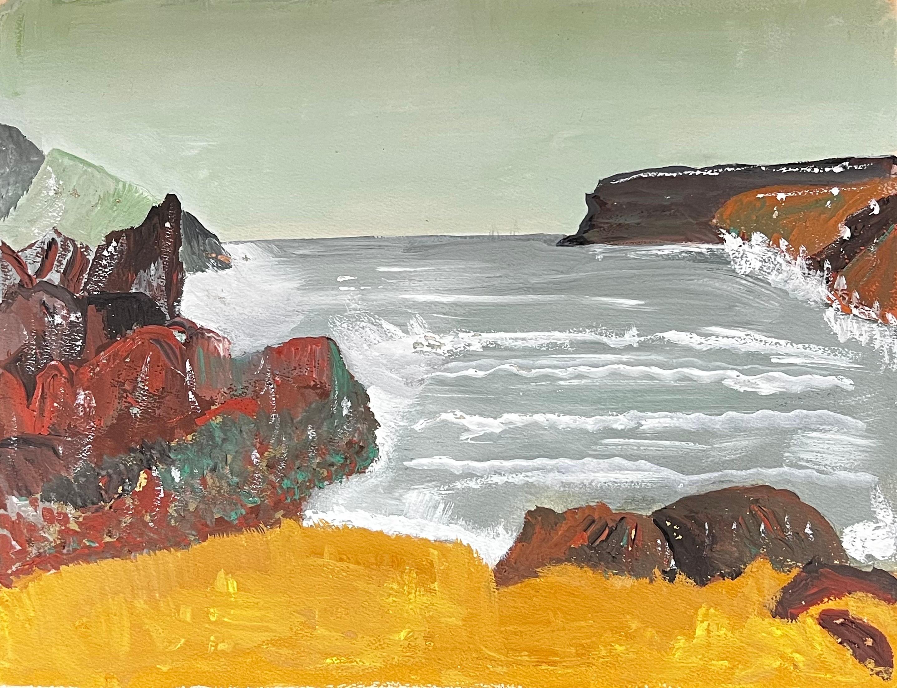 Figurative Art de Bernard Labbe - Pintura modernista/cubista de los años 50 - Paisaje con olas rompiendo