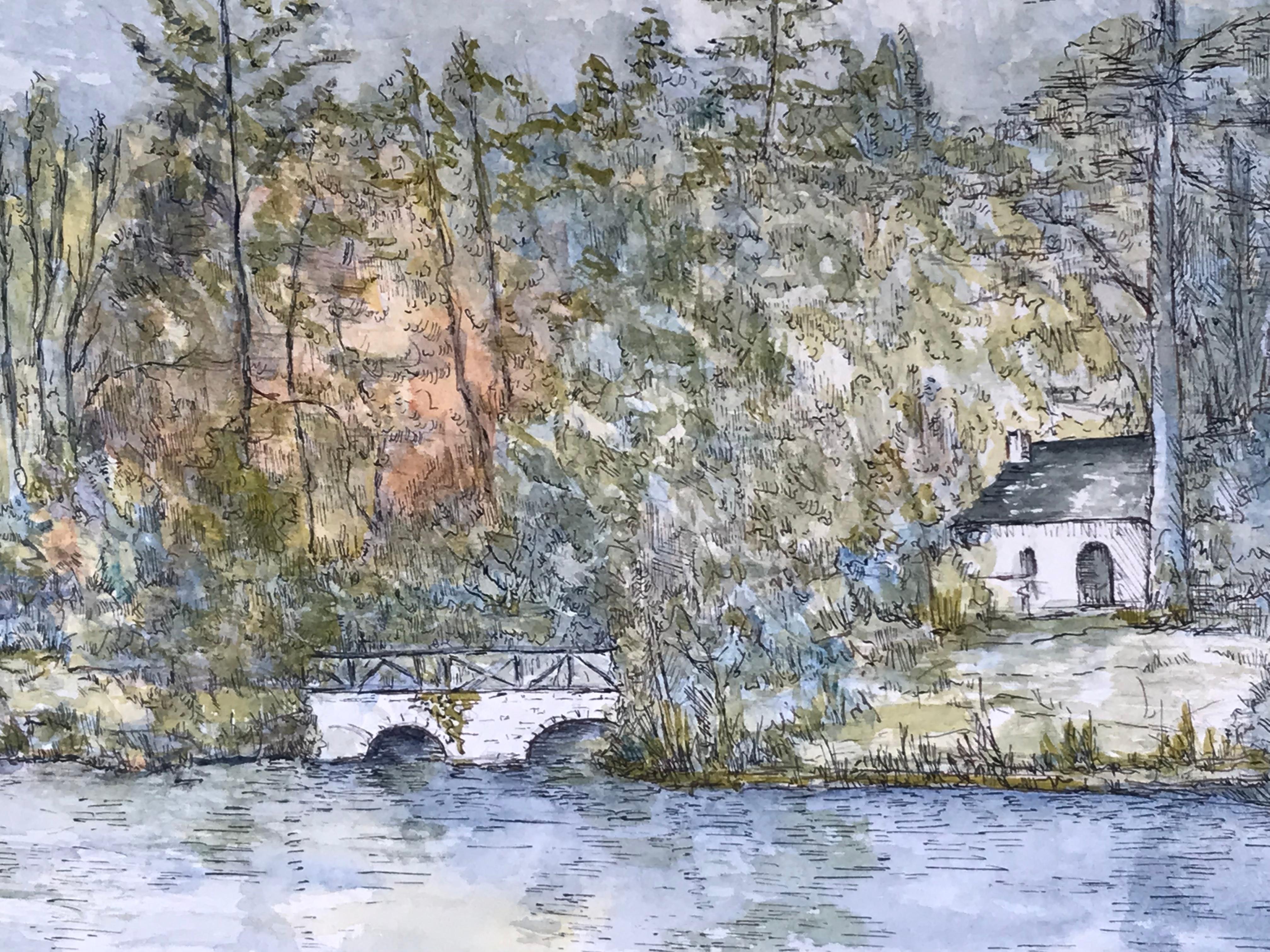 Modernistisches/ kubistisches Gemälde der 1950er Jahre - Detailreiche Brücke Aquarelllandschaft – Painting von Bernard Labbe