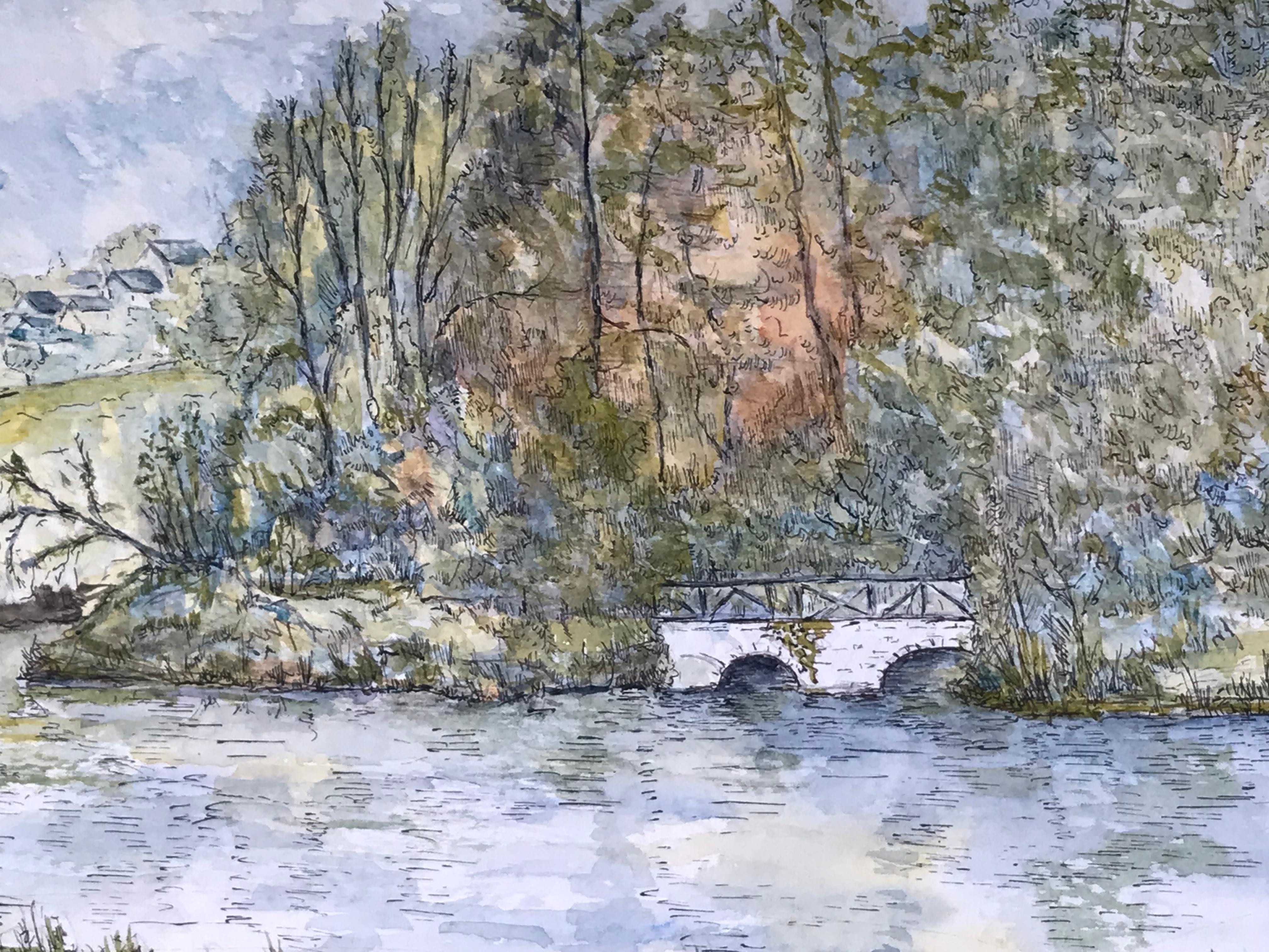 Modernistisches/ kubistisches Gemälde der 1950er Jahre - Detailreiche Brücke Aquarelllandschaft (Moderne), Painting, von Bernard Labbe