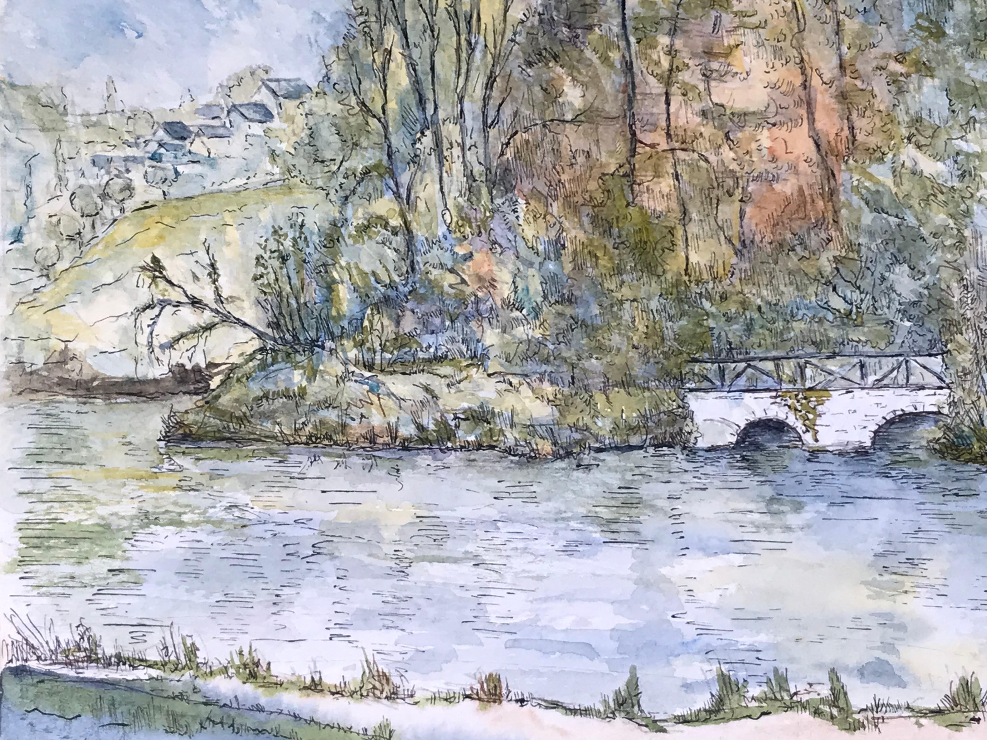 Modernistisches/ kubistisches Gemälde der 1950er Jahre - Detailreiche Brücke Aquarelllandschaft (Grau), Landscape Painting, von Bernard Labbe