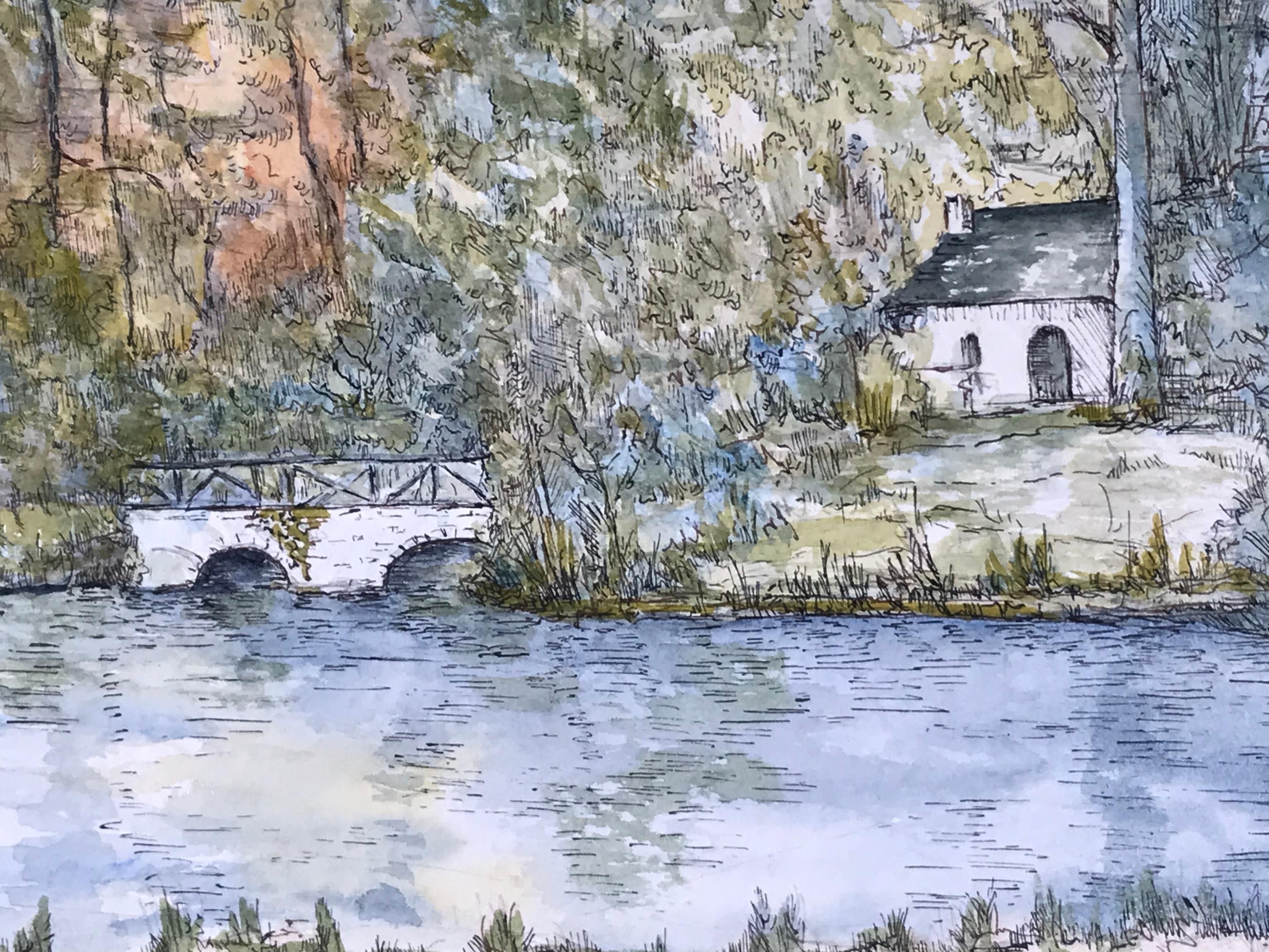 1950's Modernist/ Cubist Painting - Detailed Bridge Watercolour Landscape For Sale 2