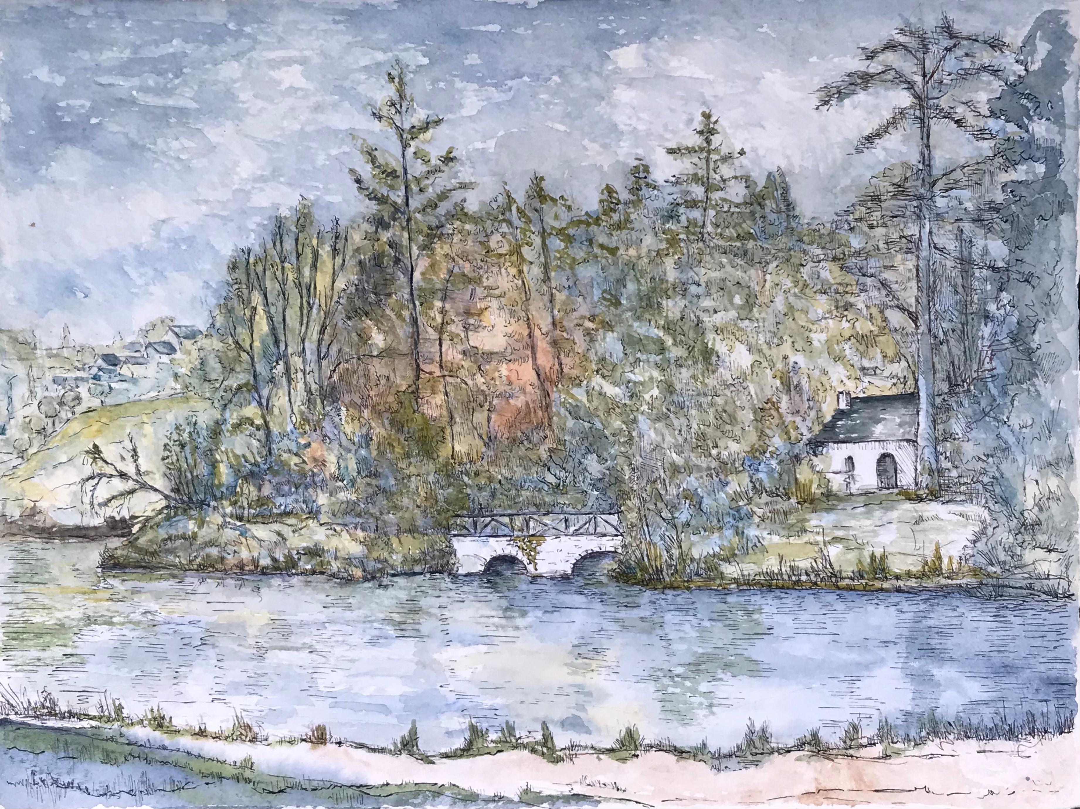 Bernard Labbe Landscape Painting - 1950's Modernist/ Cubist Painting - Detailed Bridge Watercolour Landscape