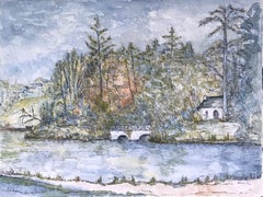 Peinture moderniste/ cubiste des années 1950 - Paysage aquarelle détaillé en forme de pont