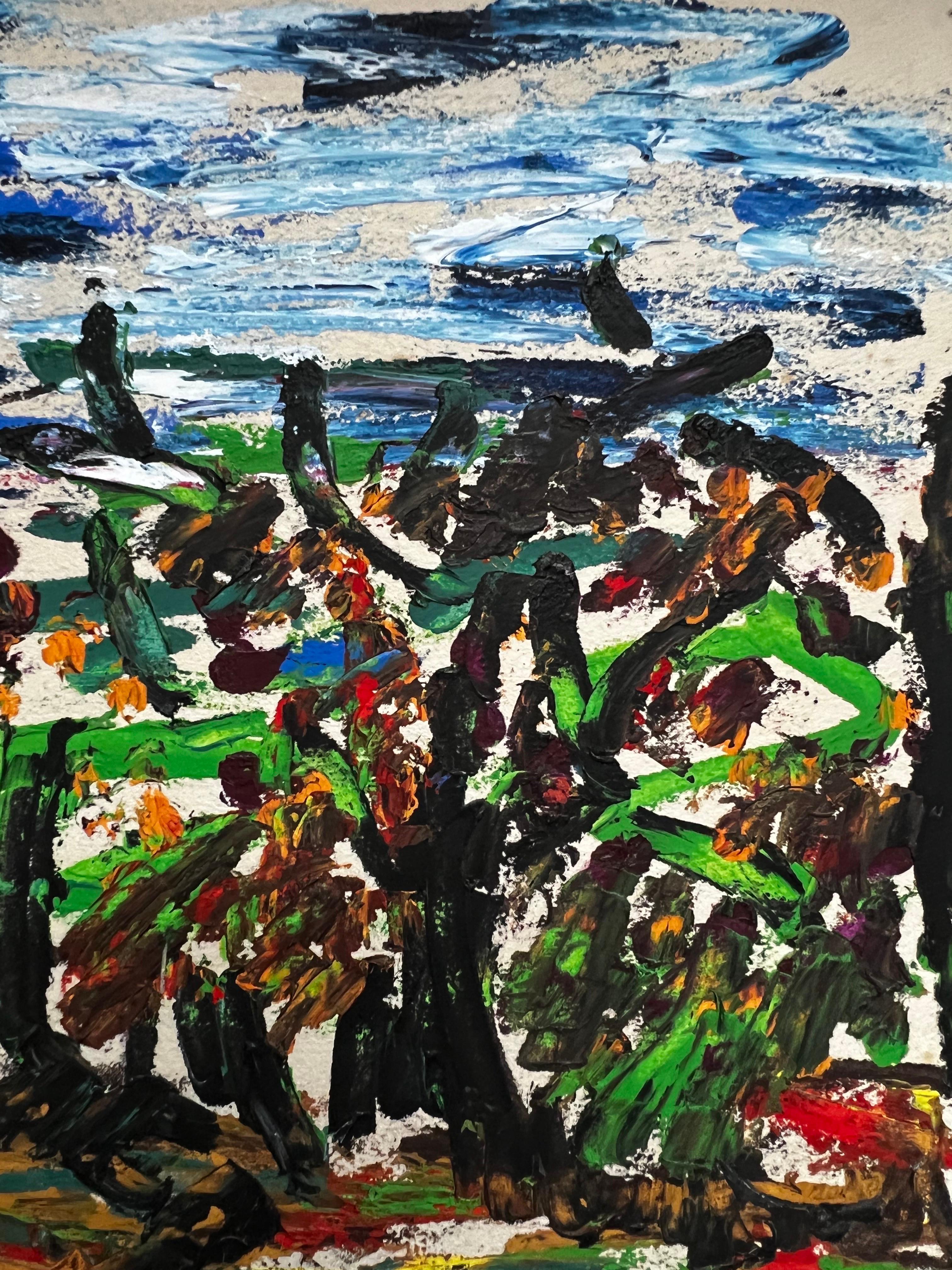 Pintura modernista/cubista de los años 50 - Paisaje de puntos - Landscape Painting Negro de Bernard Labbe