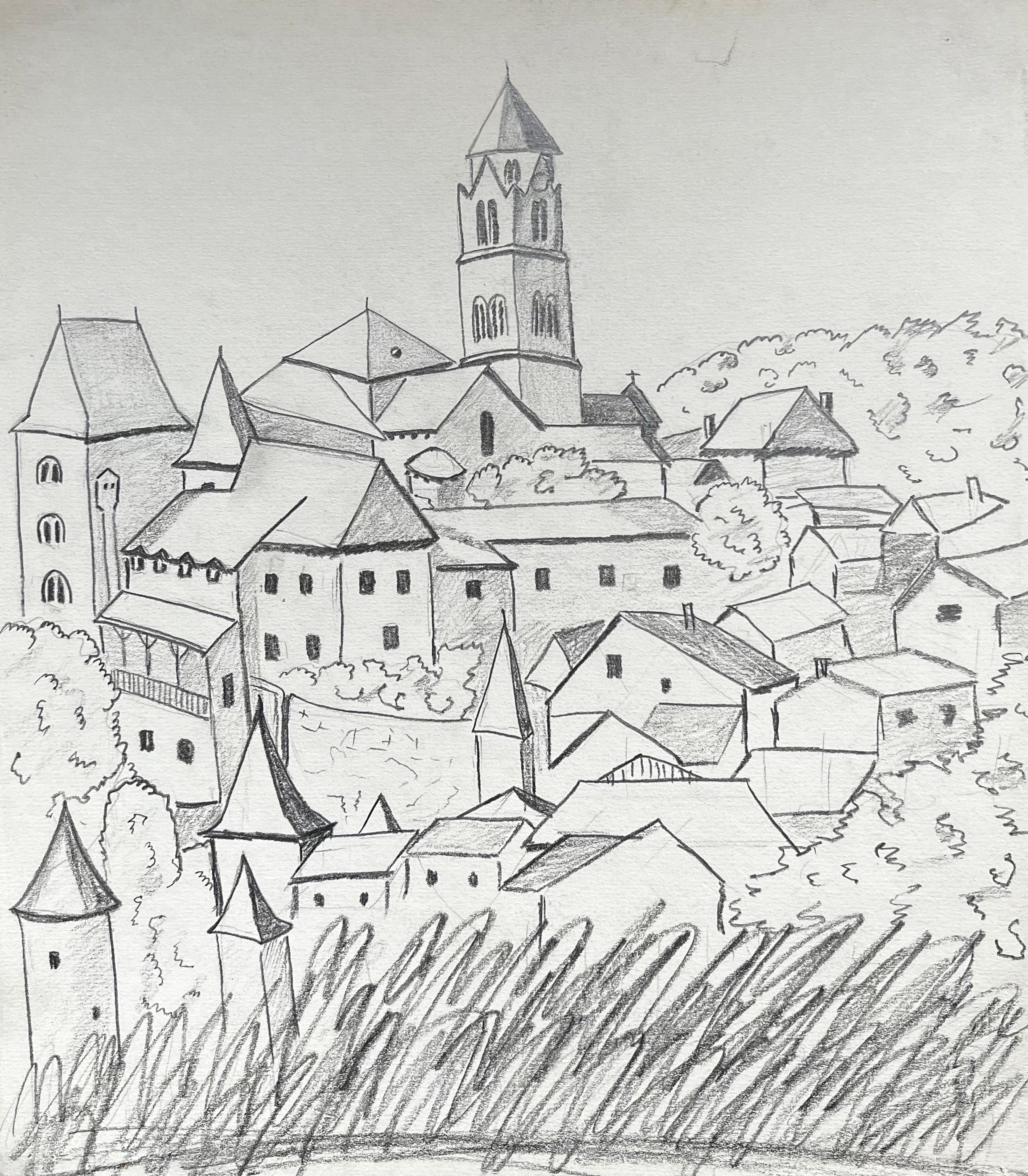 Bernard Labbe Landscape Painting - 1950's Modernist/ Cubist Painting - Drawing Church and houses