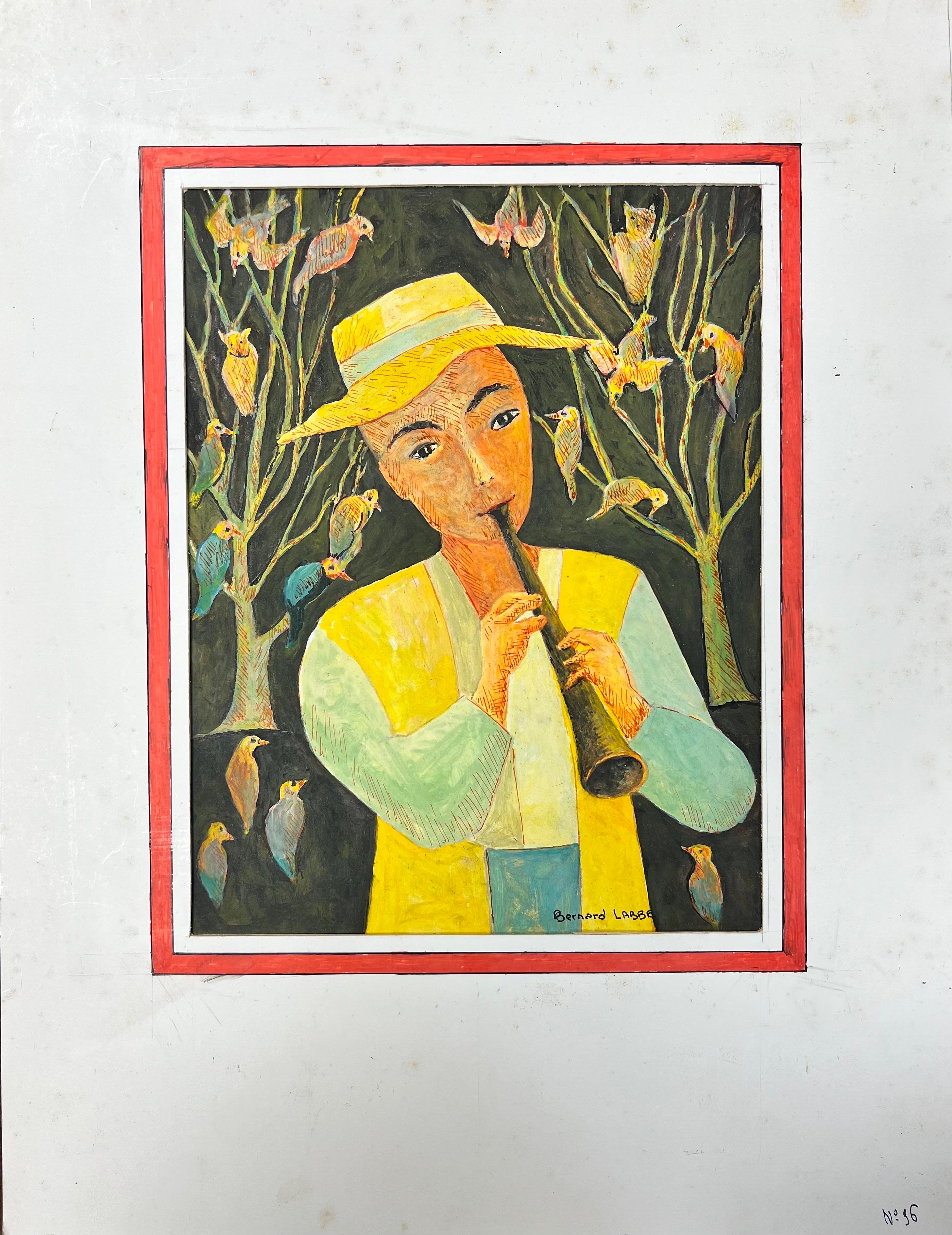 Peinture moderniste/ cubiste des années 1950 - Instrument de jeu de personnages parmi les oiseaux - Art de Bernard Labbe