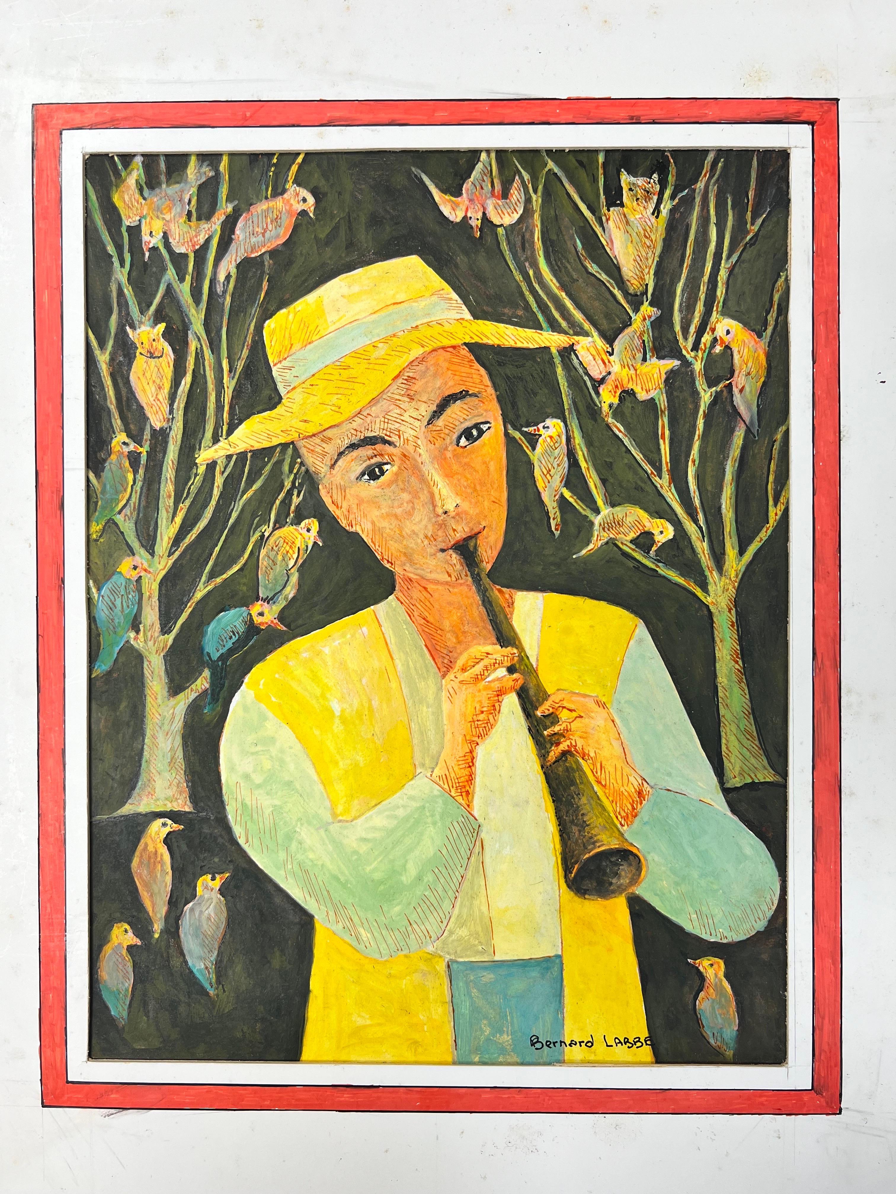 Peinture moderniste/ cubiste des années 1950 - Instrument de jeu de personnages parmi les oiseaux - Moderne Art par Bernard Labbe