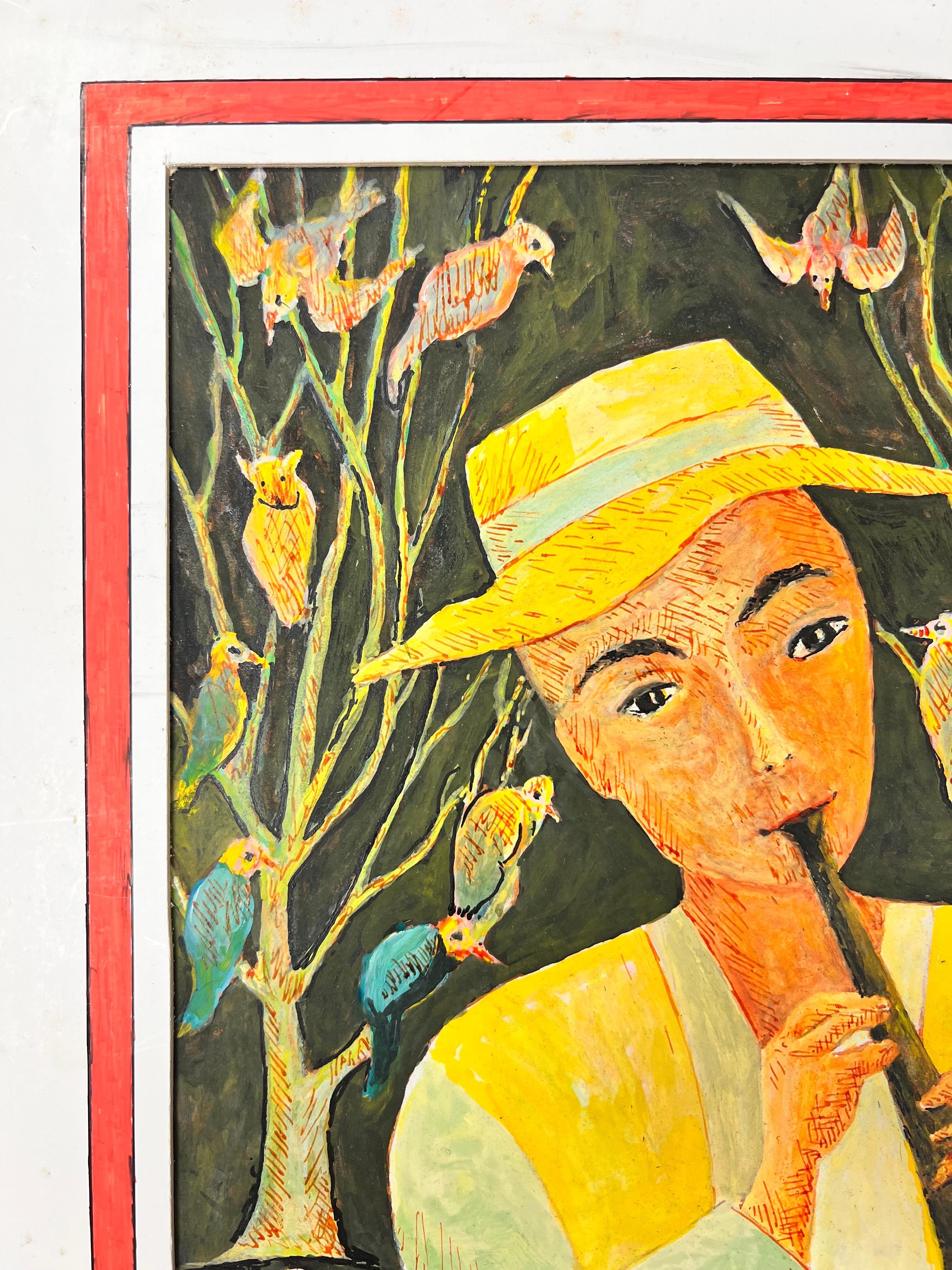 Peinture moderniste/ cubiste des années 1950 - Instrument de jeu de personnages parmi les oiseaux 1