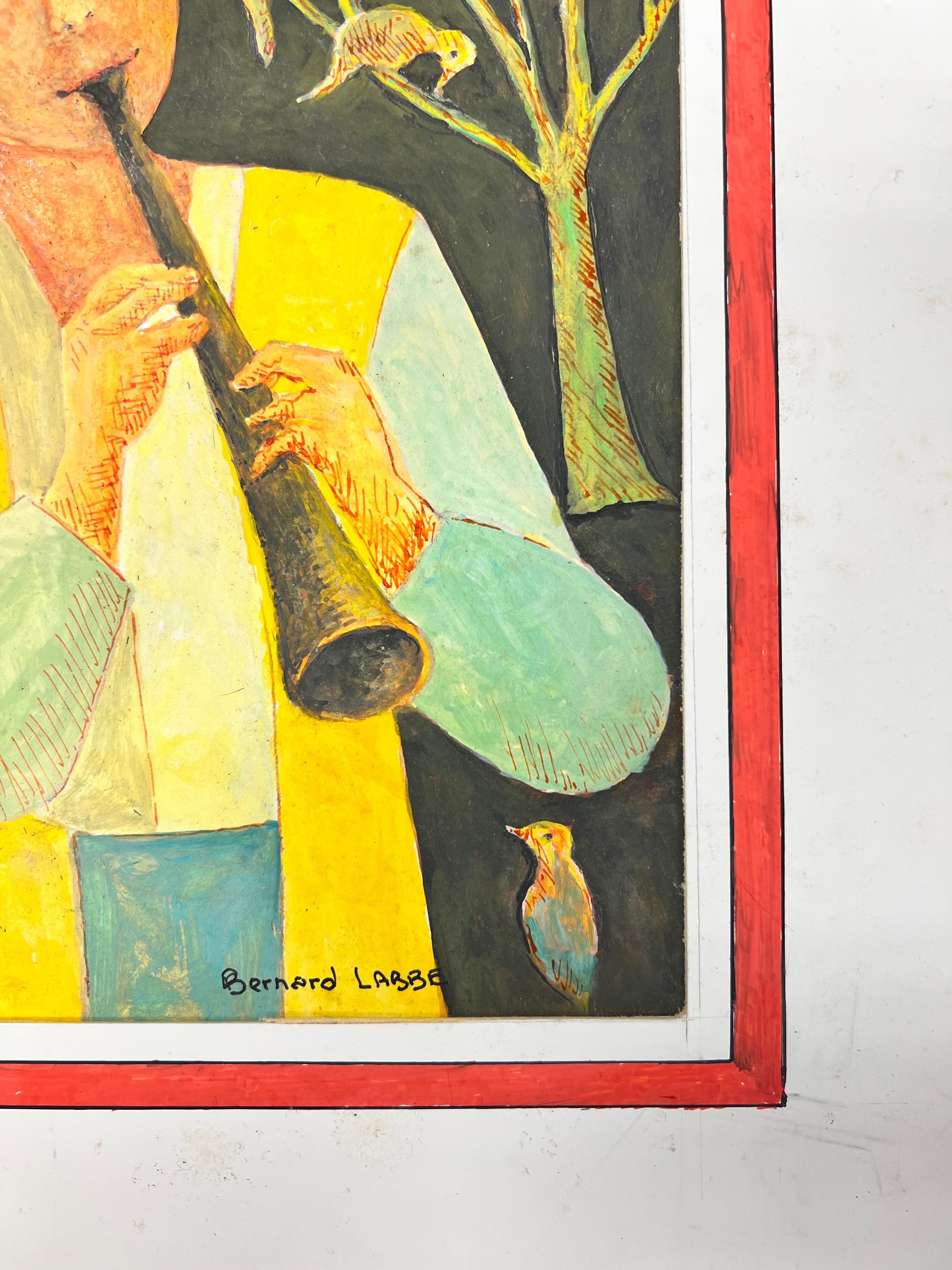 Peinture moderniste/ cubiste des années 1950 - Instrument de jeu de personnages parmi les oiseaux 2