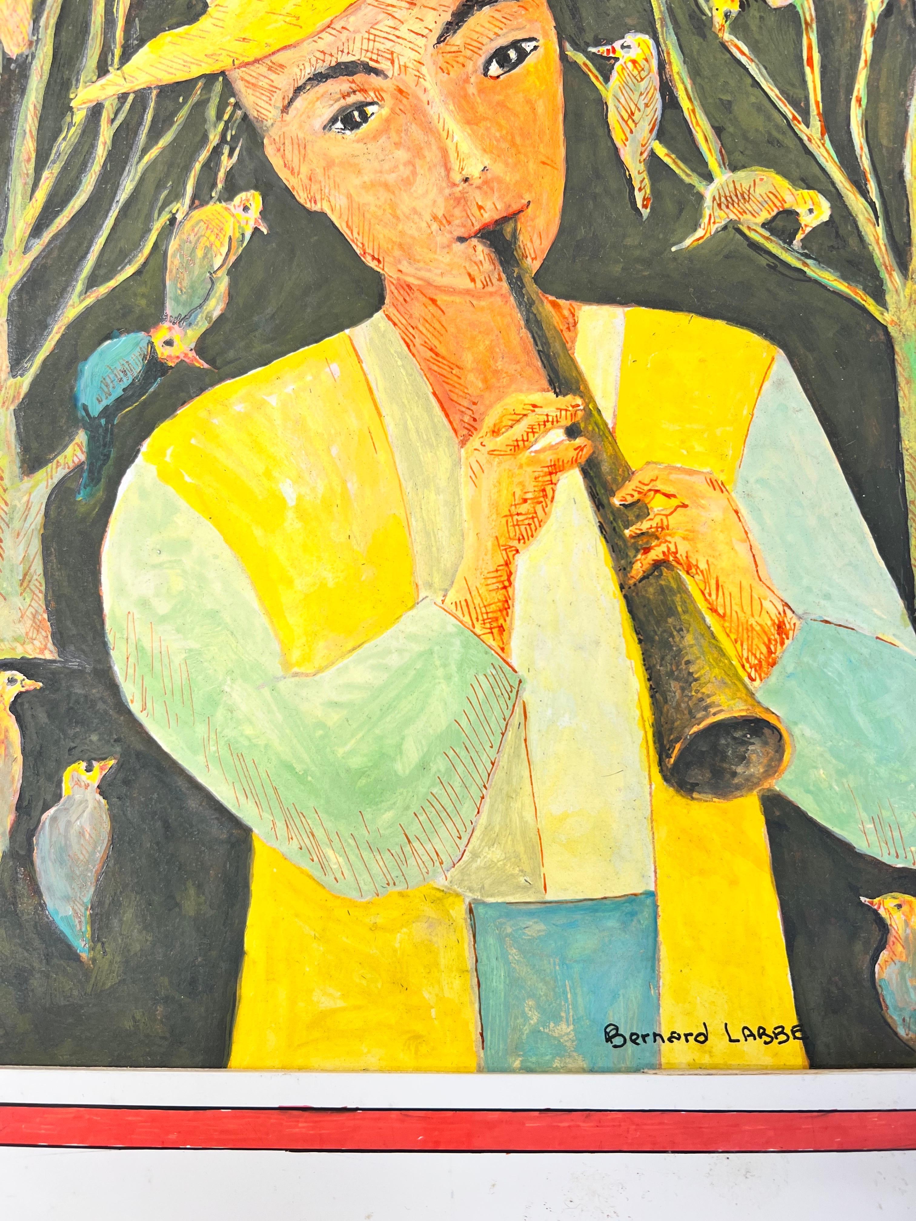 Peinture moderniste/ cubiste des années 1950 - Instrument de jeu de personnages parmi les oiseaux 3