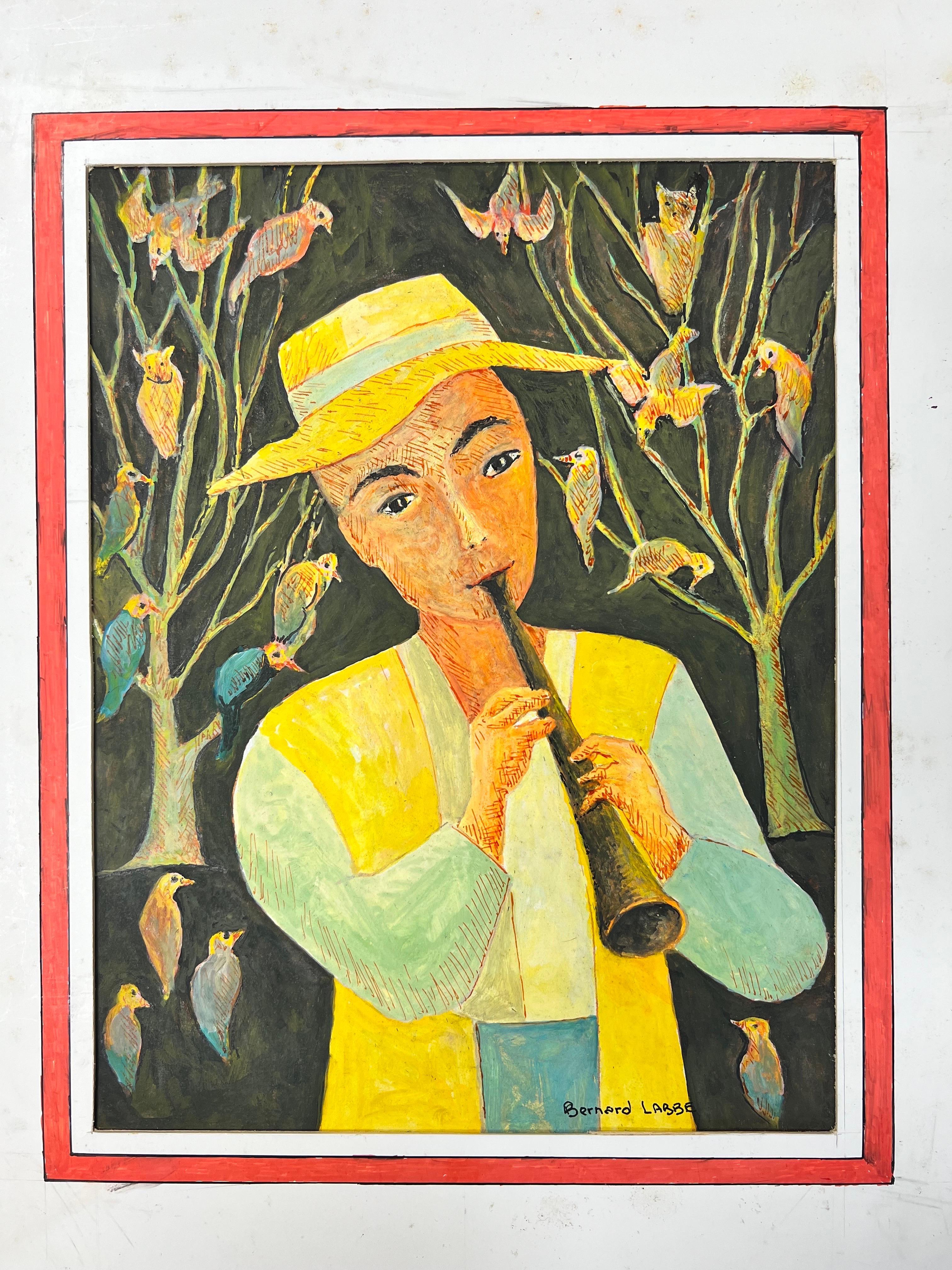 Figurative Art Bernard Labbe - Peinture moderniste/ cubiste des années 1950 - Instrument de jeu de personnages parmi les oiseaux