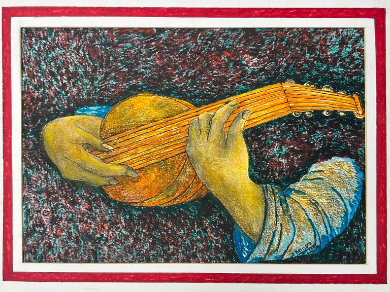 Bernard Labbe 1950's Modernist/ Cubist Painting Figure Playing The