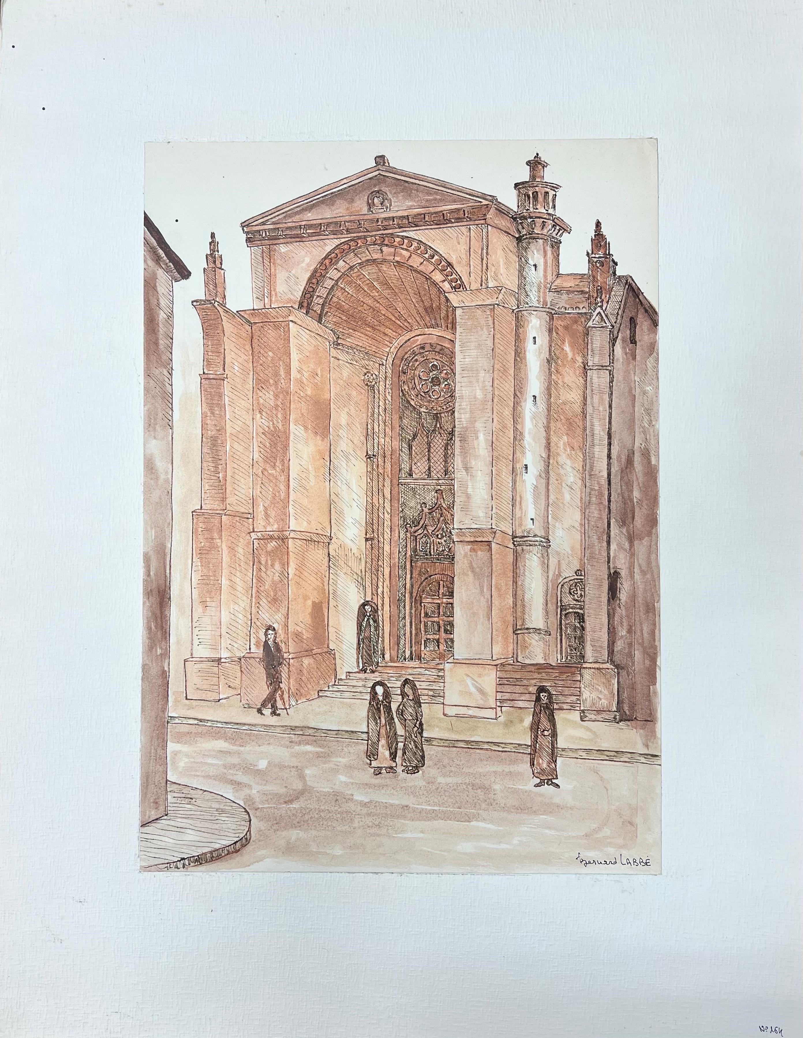 Modernistische/kubistische Malerei der 1950er Jahre - Figuren in einer französischen Kathedrale – Art von Bernard Labbe