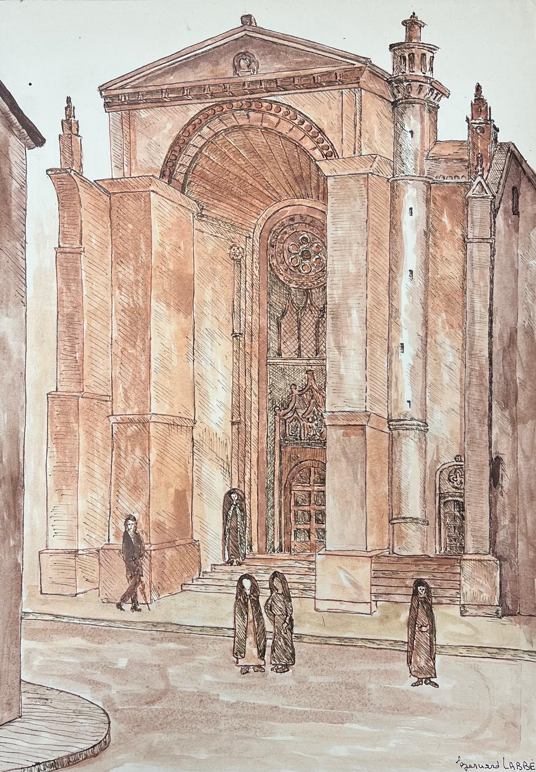 Figurative Art di Bernard Labbe - Pittura modernista/cubista degli anni '50 - Figure nella cattedrale francese