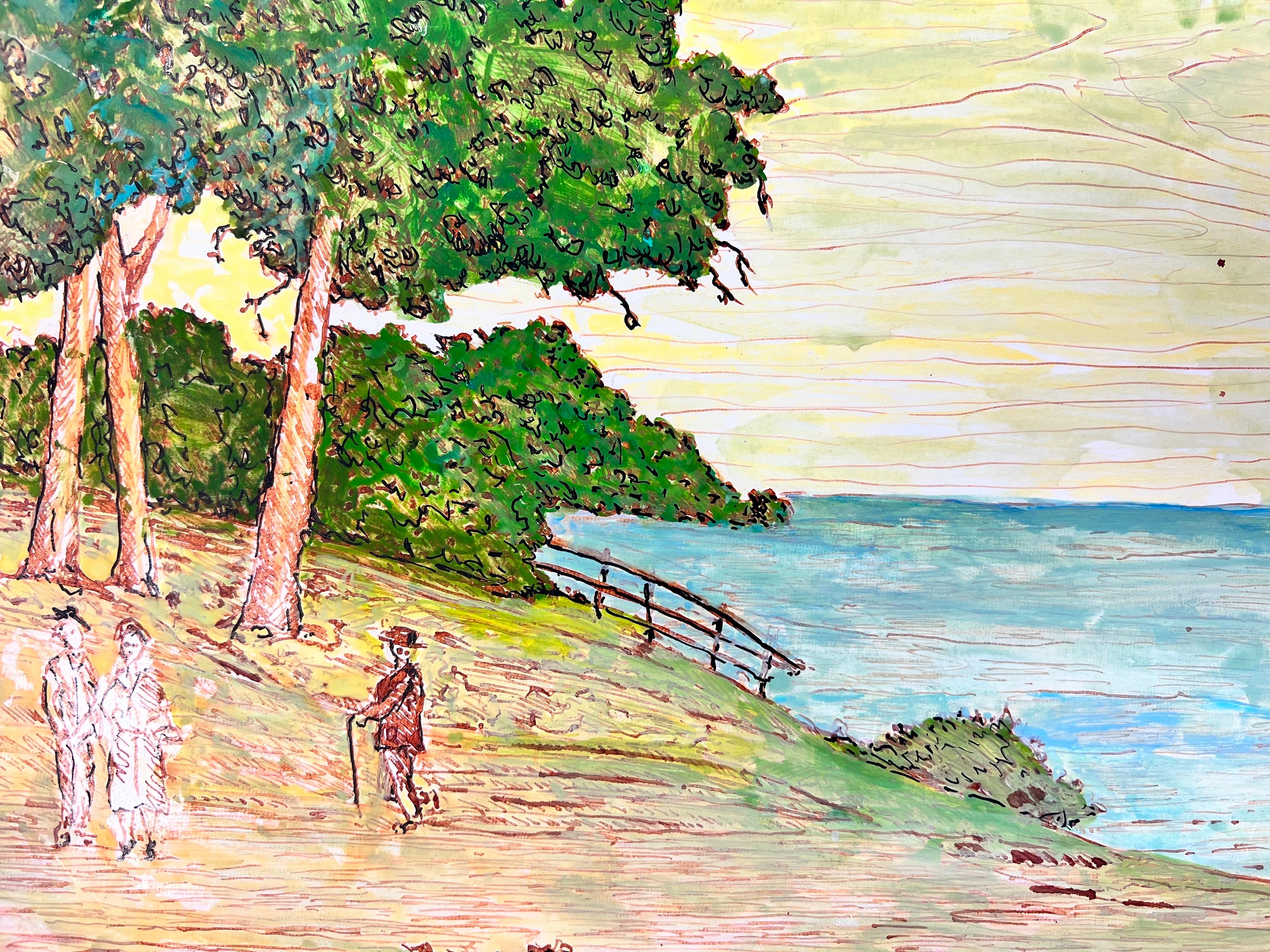 Modernistisches/ kubistisches Gemälde der 1950er Jahre – Figuren am Strand im Angebot 1