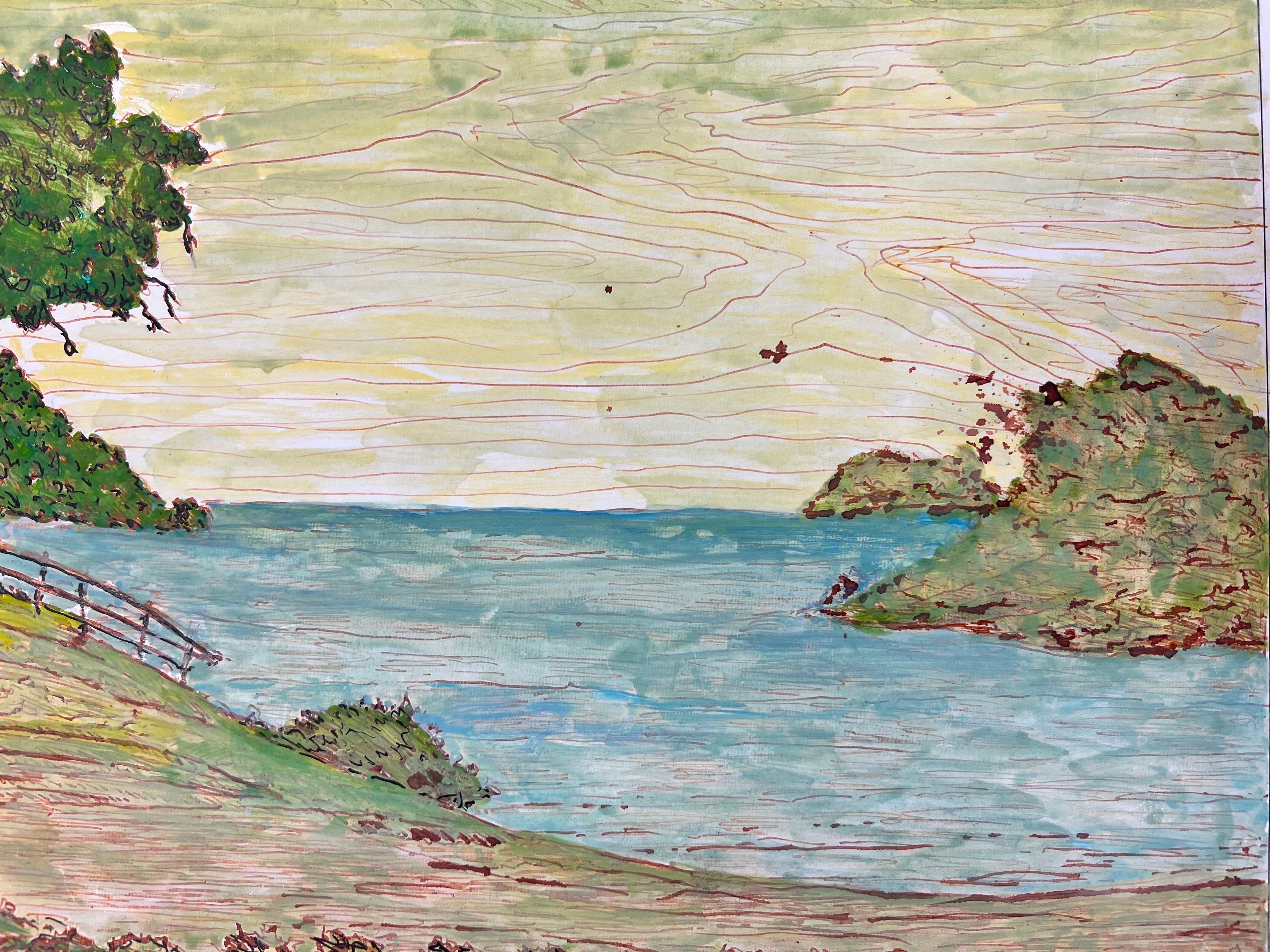 Modernistisches/ kubistisches Gemälde der 1950er Jahre – Figuren am Strand im Angebot 2