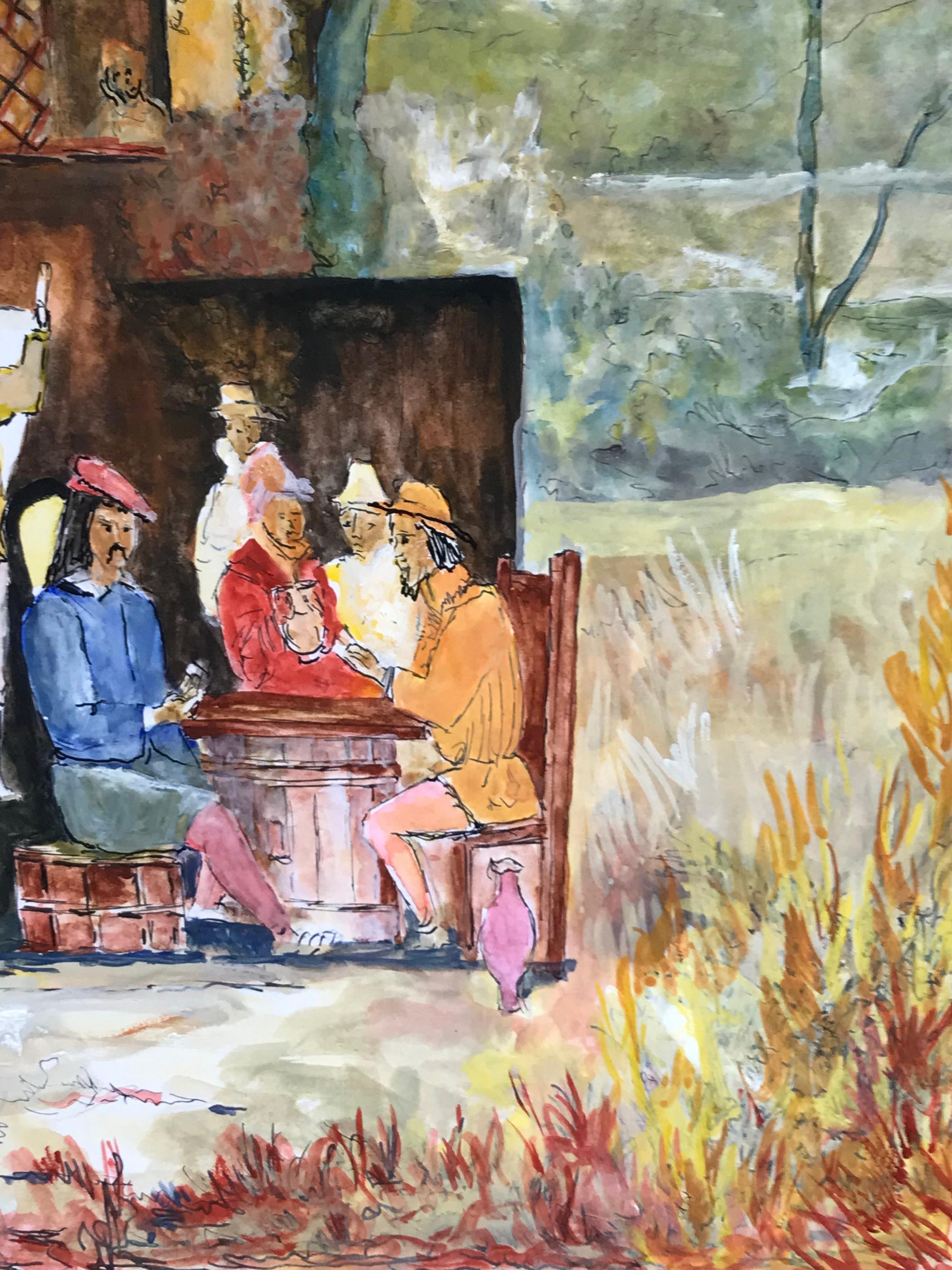 1950's Modernist/ Cubist Painting - Figuras En El Bosque Acuarela - Art Moderno de Bernard Labbe