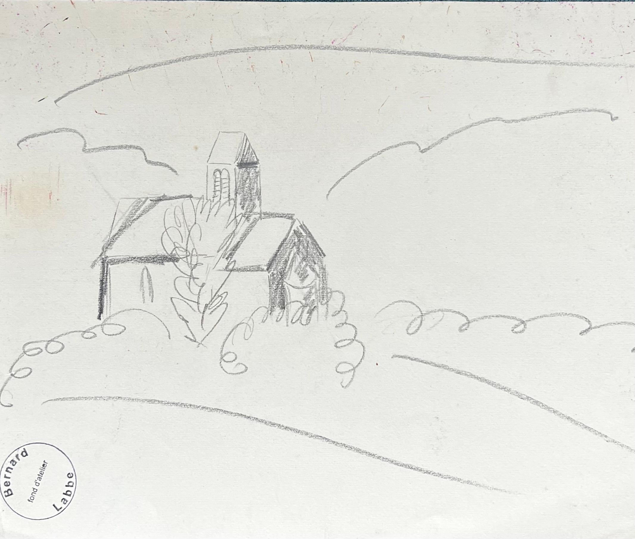 Pintura modernista/cubista de los años 50 - Dibujo a lápiz fino Paisaje francés - Art de Bernard Labbe